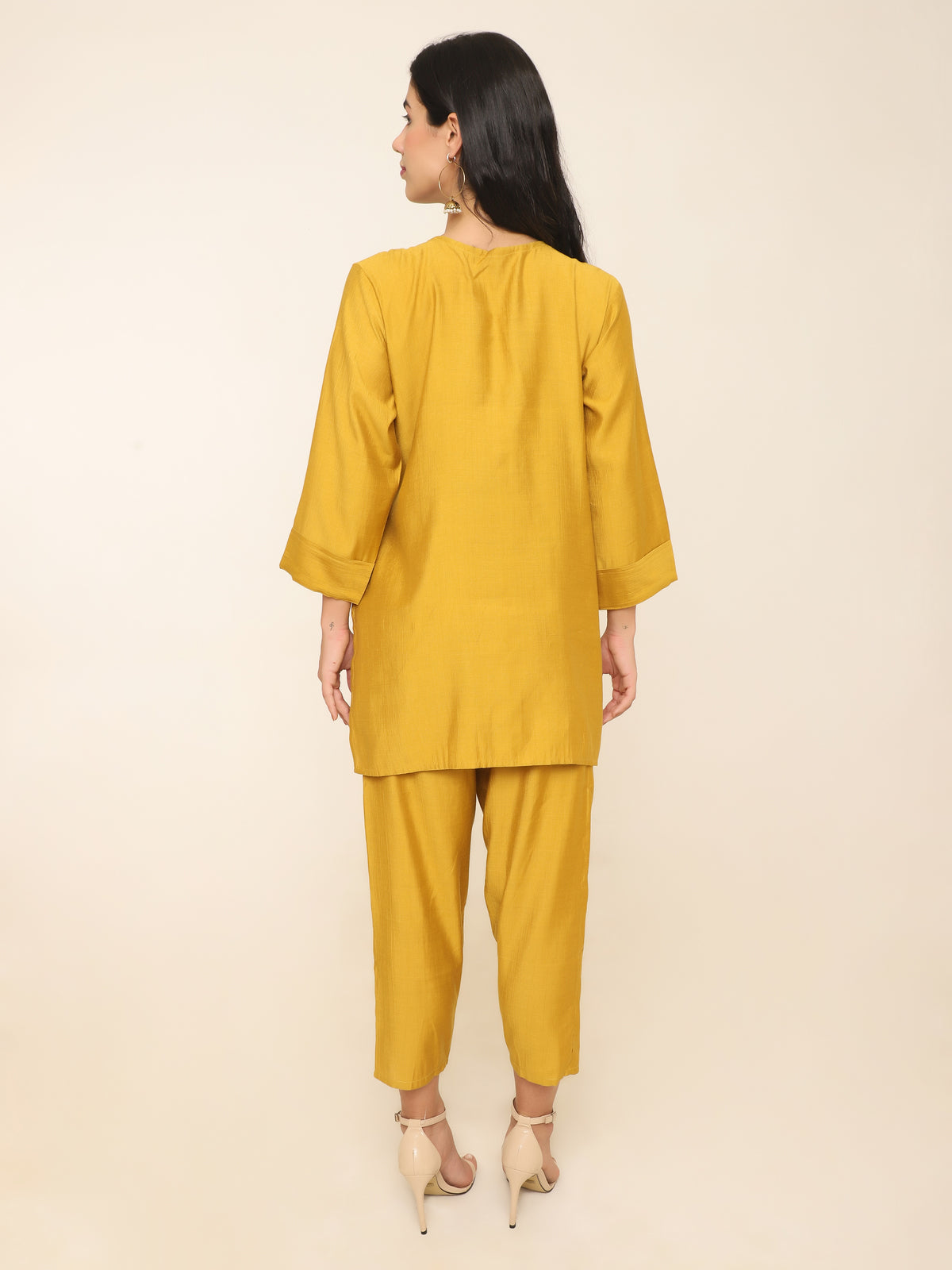 Yellow Co-ord set with beautiful shells, beads handwork at front