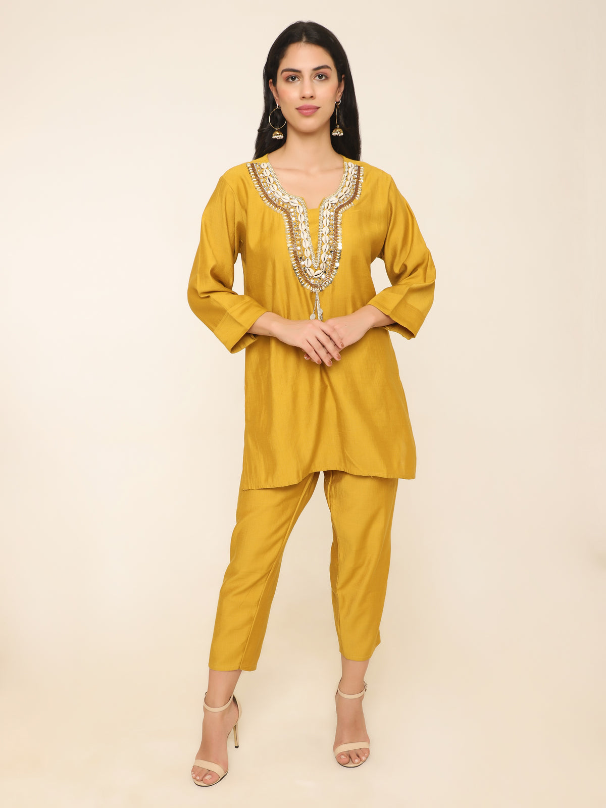 Yellow Co-ord set with beautiful shells, beads handwork at front