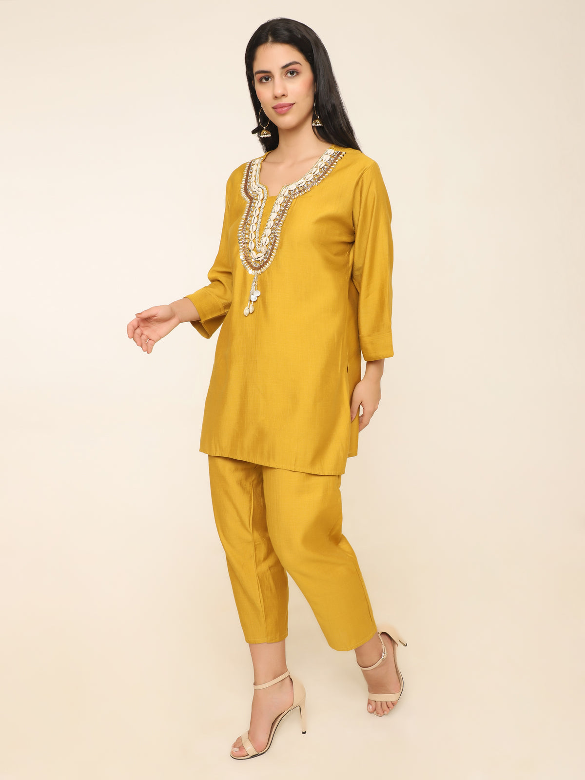 Yellow Co-ord set with beautiful shells, beads handwork at front