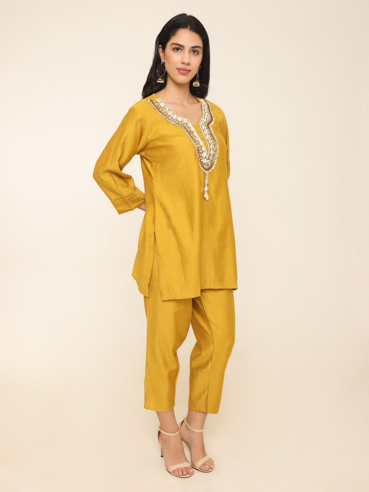 Yellow Co-ord set with beautiful shells, beads handwork at front