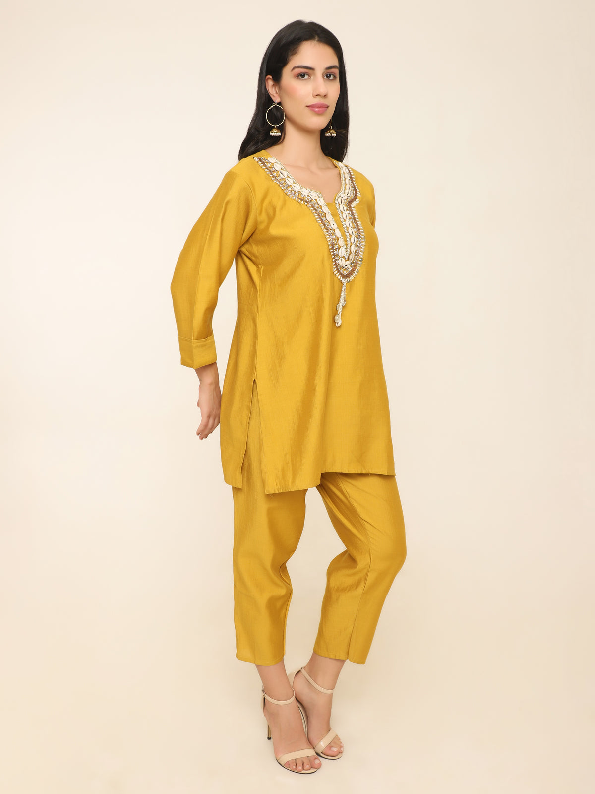 Yellow Co-ord set with beautiful shells, beads handwork at front