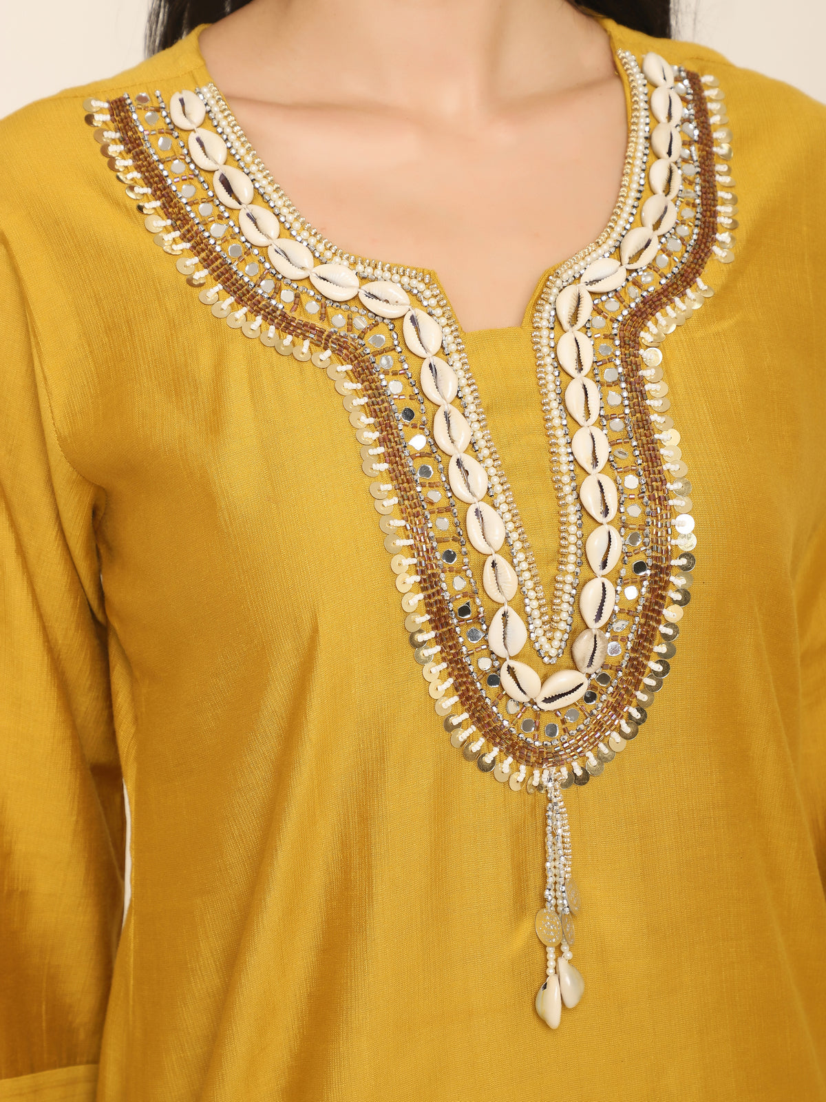Yellow Co-ord set with beautiful shells, beads handwork at front