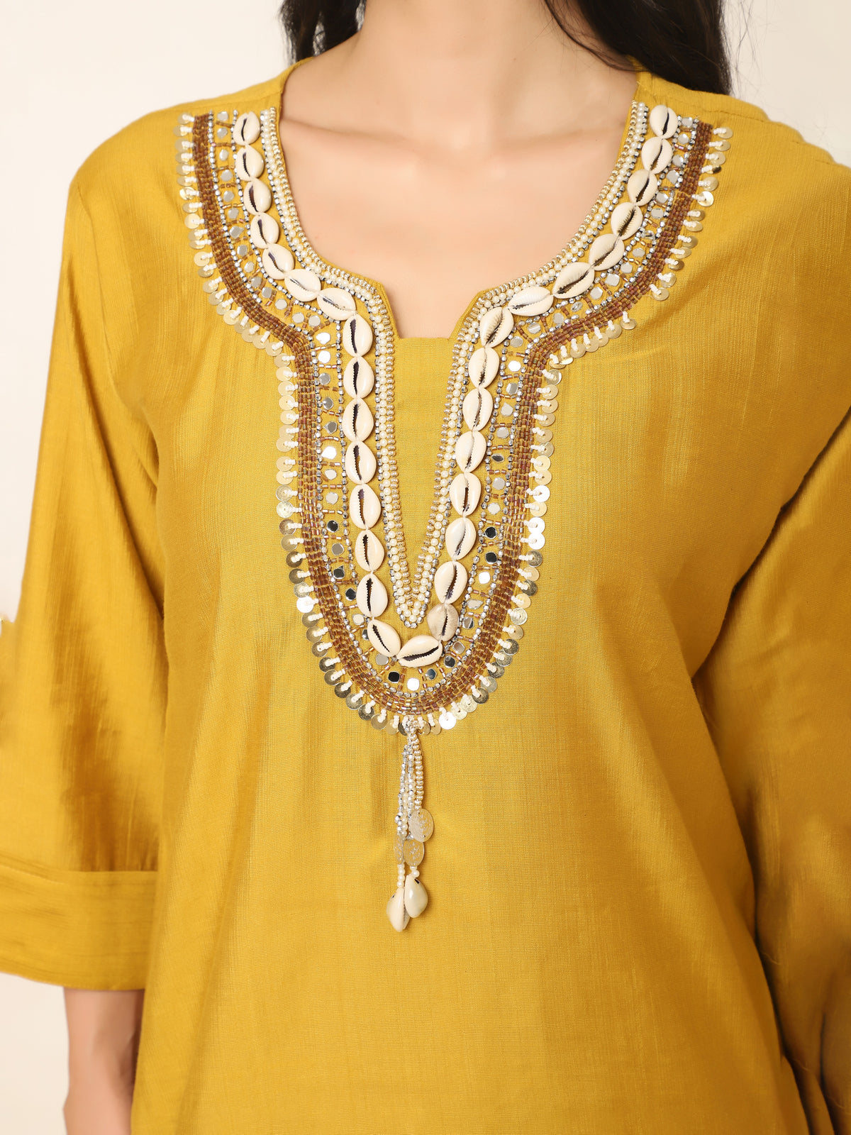 Yellow Co-ord set with beautiful shells, beads handwork at front