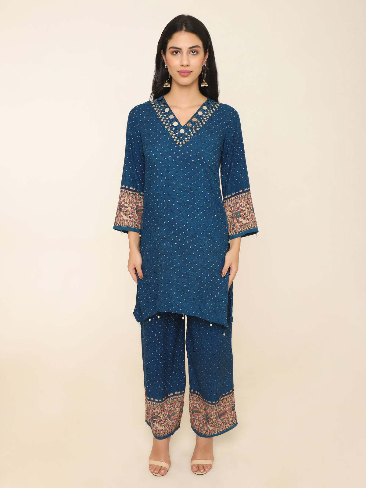 Blue printed Co-ord set with pretty mirror work and beaded tassles