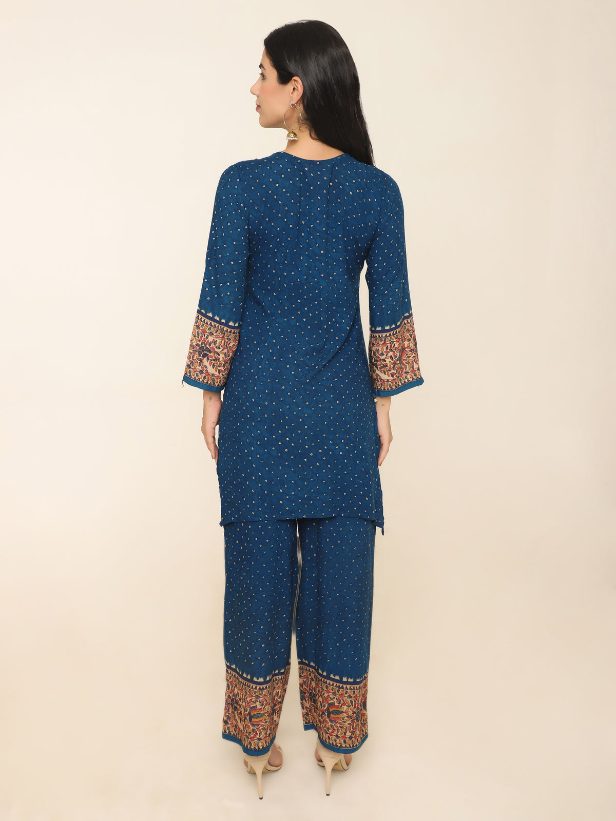Blue printed Co-ord set with pretty mirror work and beaded tassles