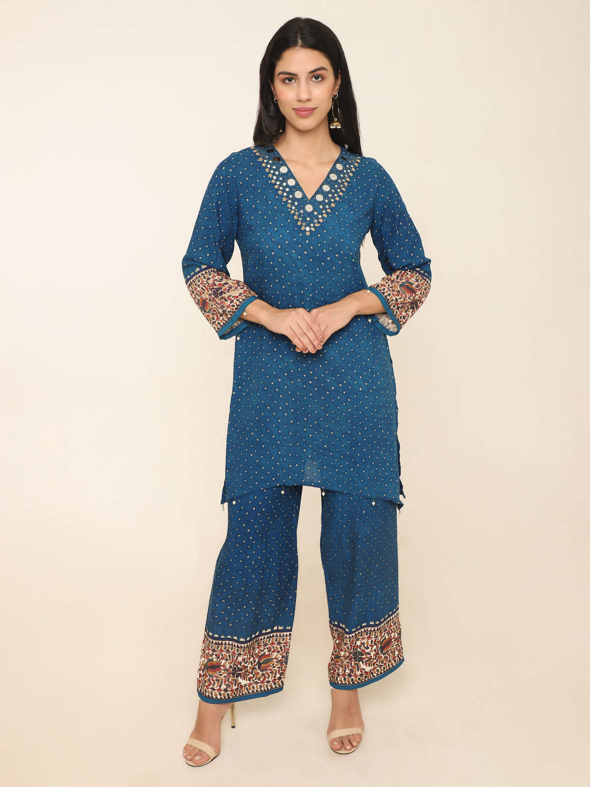 Blue printed Co-ord set with pretty mirror work and beaded tassles