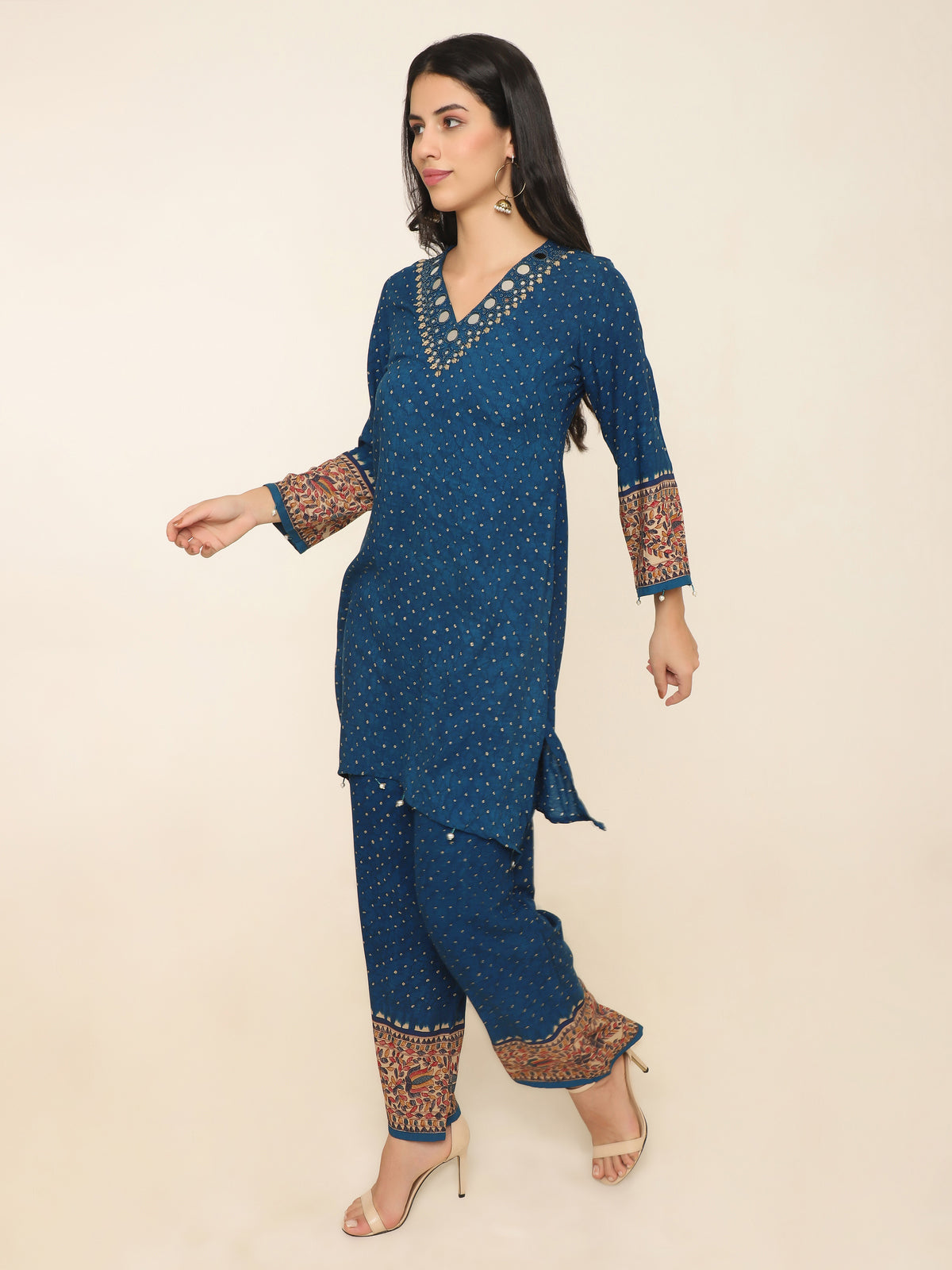 Blue printed Co-ord set with pretty mirror work and beaded tassles