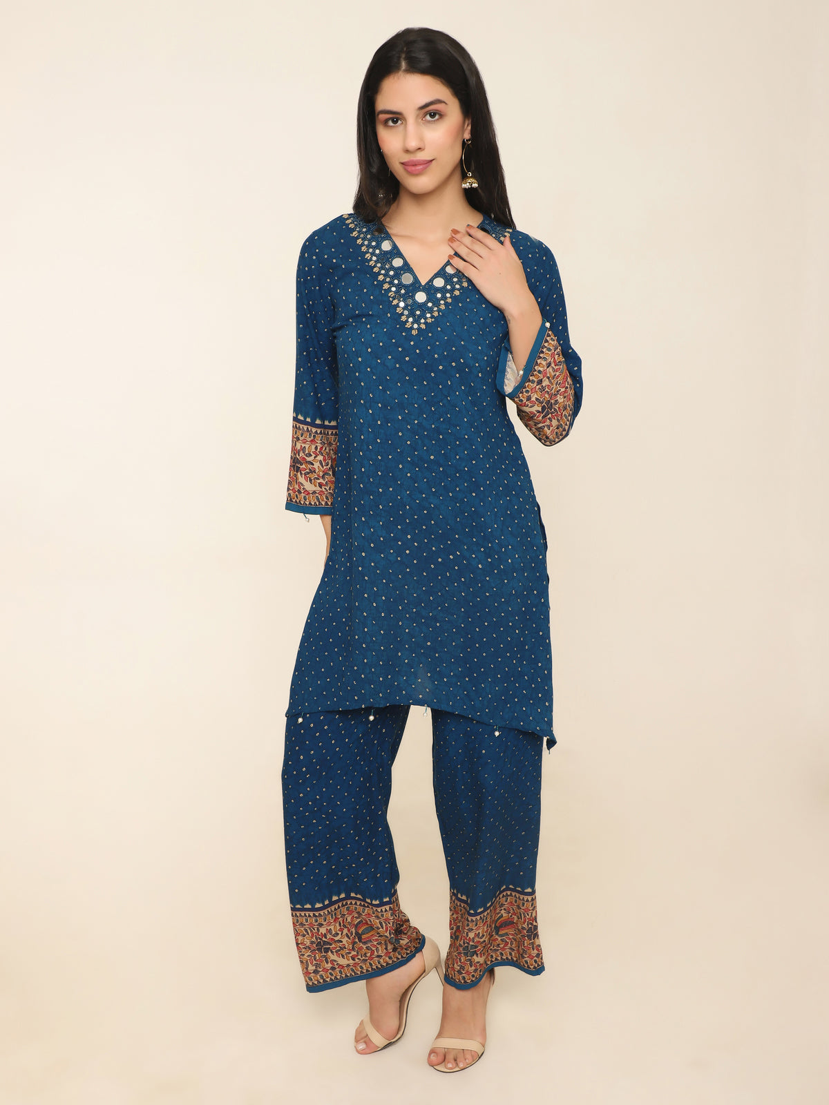 Blue printed Co-ord set with pretty mirror work and beaded tassles