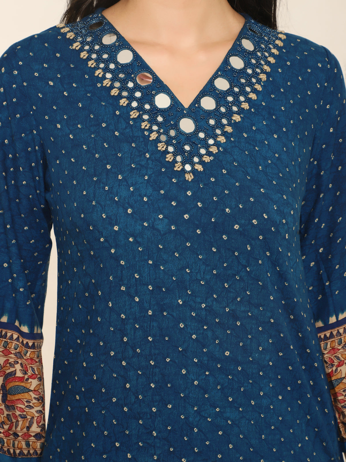 Blue printed Co-ord set with pretty mirror work and beaded tassles