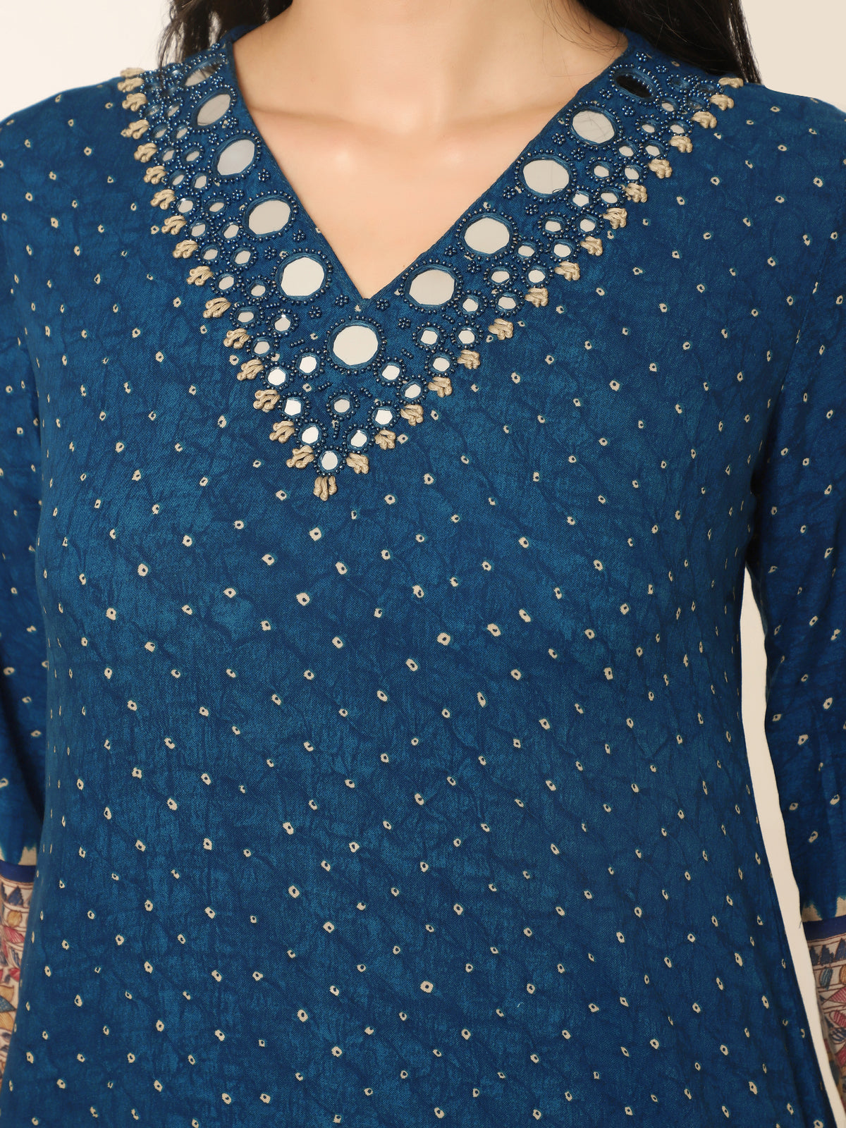 Blue printed Co-ord set with pretty mirror work and beaded tassles