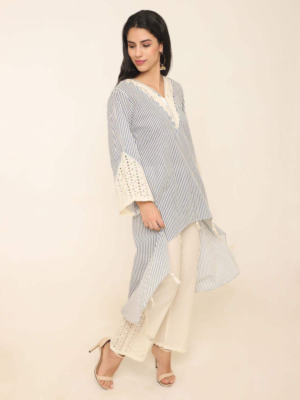 White & blue printed stripe Co-ord set