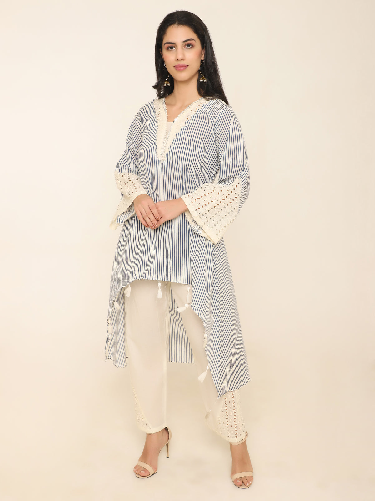 White & blue printed stripe Co-ord set
