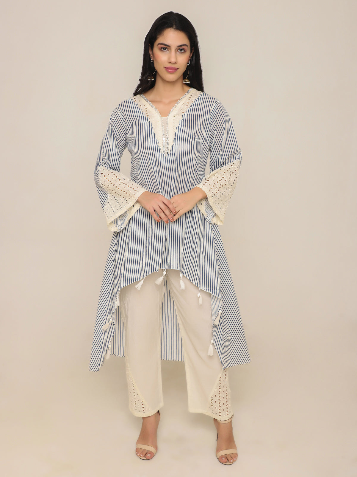 White & blue printed stripe Co-ord set