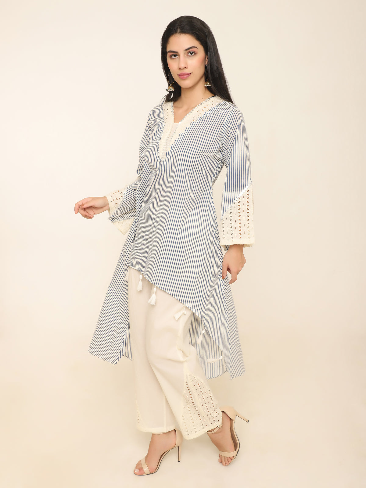 White & blue printed stripe Co-ord set