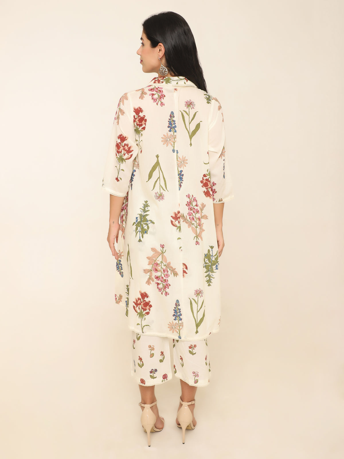 Ivory Mul Mul Cotton Kurti Set with Vibrant Floral Print