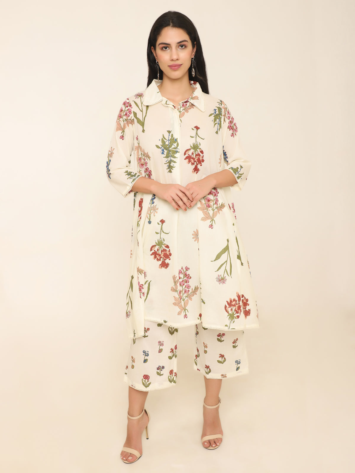 Ivory Mul Mul Cotton Kurti Set with Vibrant Floral Print