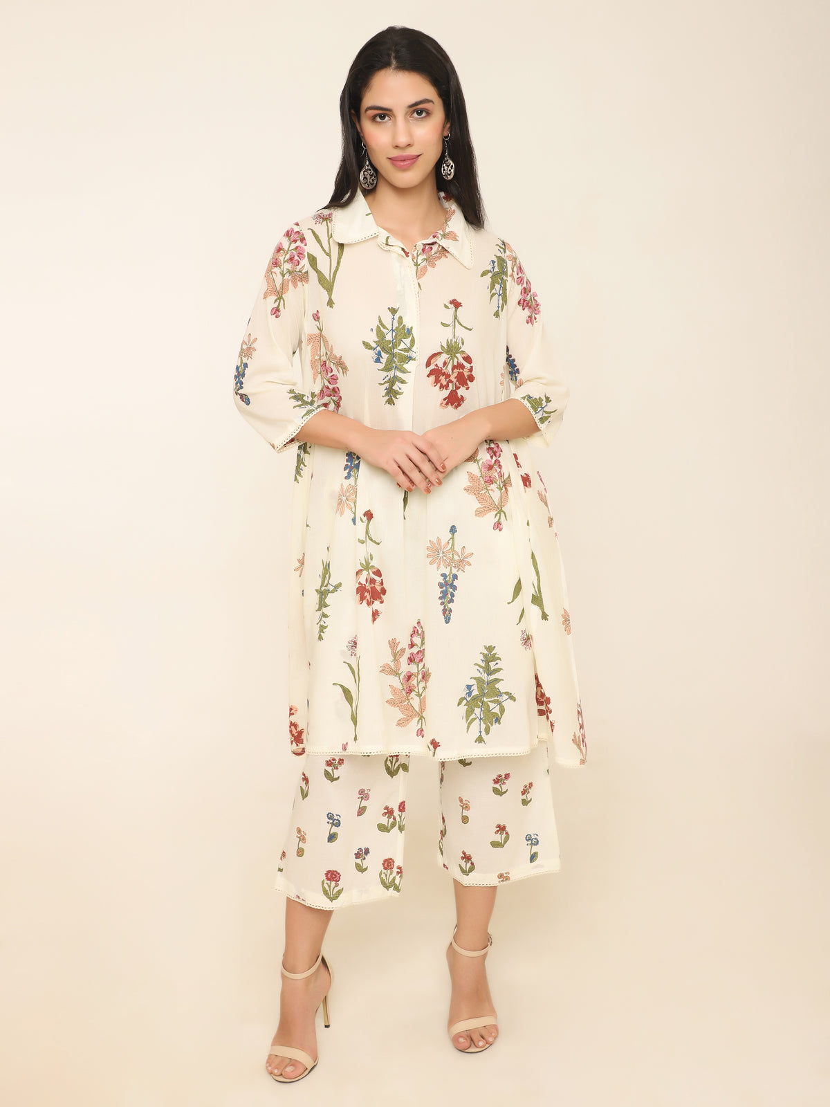 Ivory Mul Mul Cotton Kurti Set with Vibrant Floral Print