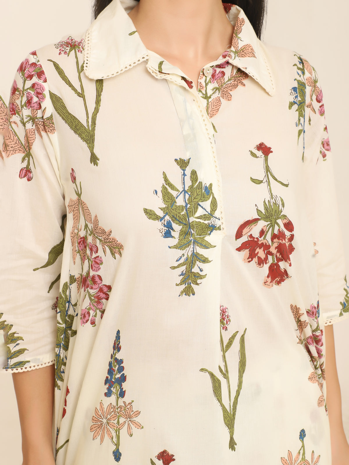 Ivory Mul Mul Cotton Kurti Set with Vibrant Floral Print