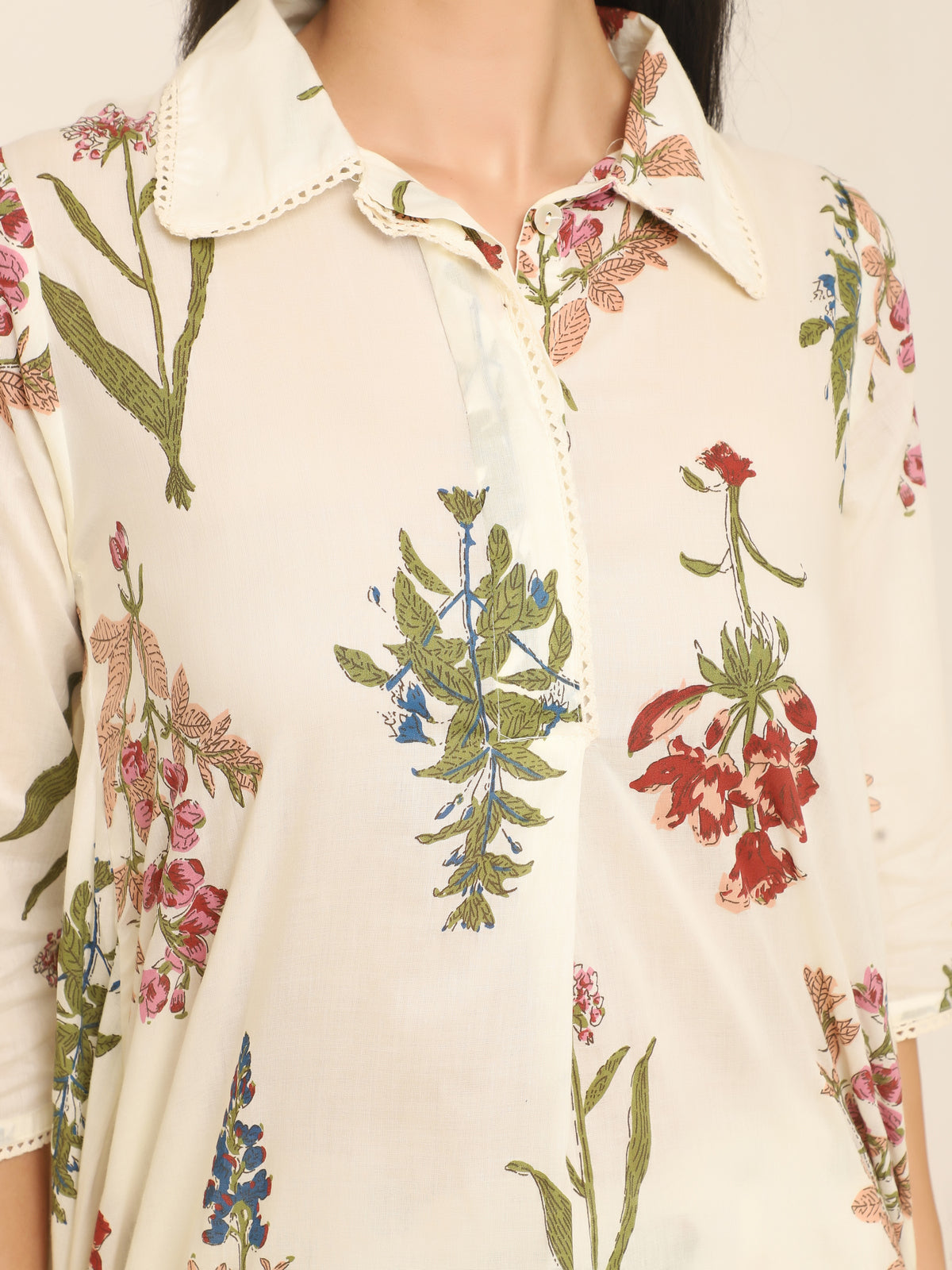 Ivory Mul Mul Cotton Kurti Set with Vibrant Floral Print