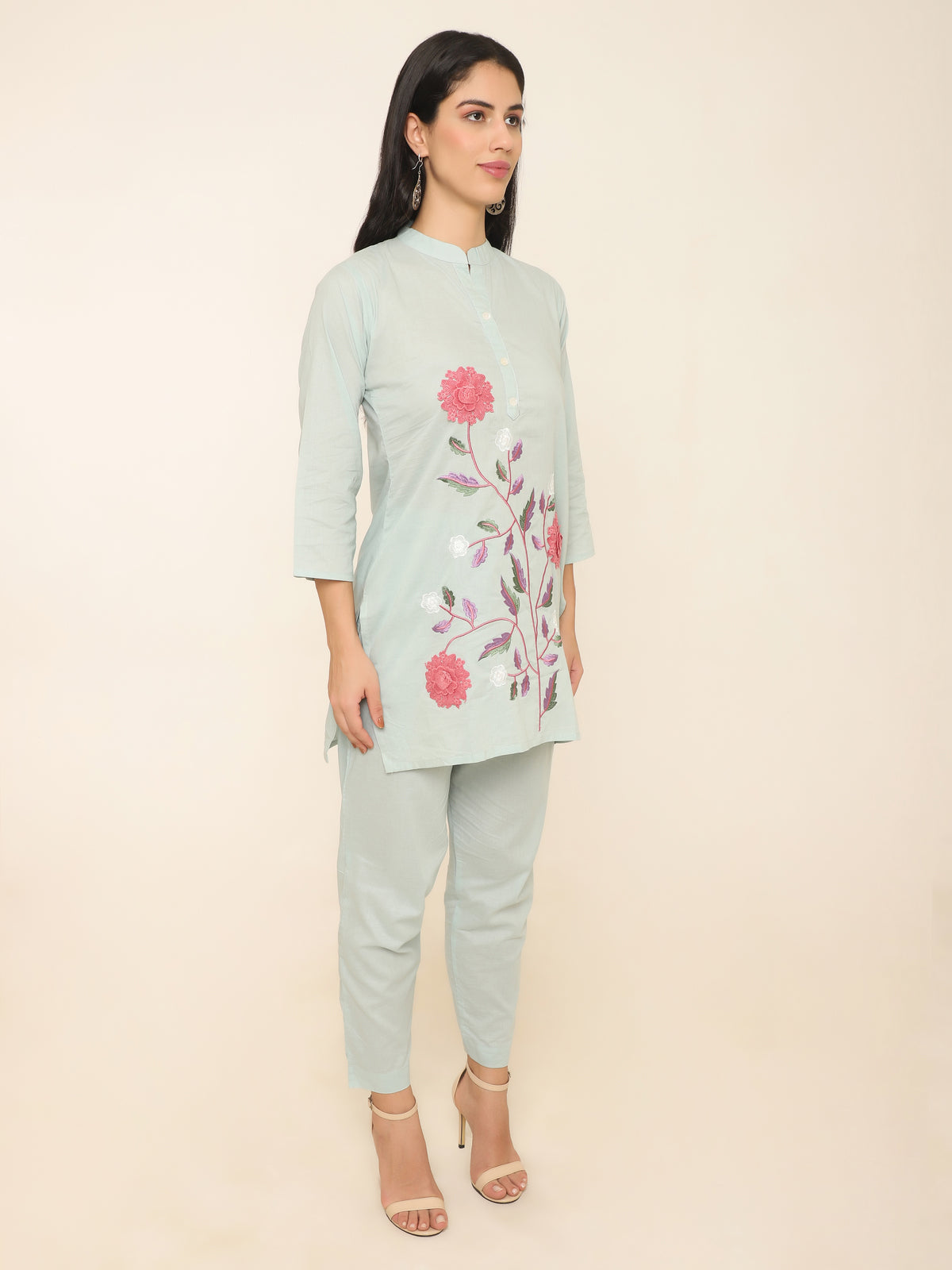 Mint Green Cotton Floral Co-ord Set with Applique & Embroidery