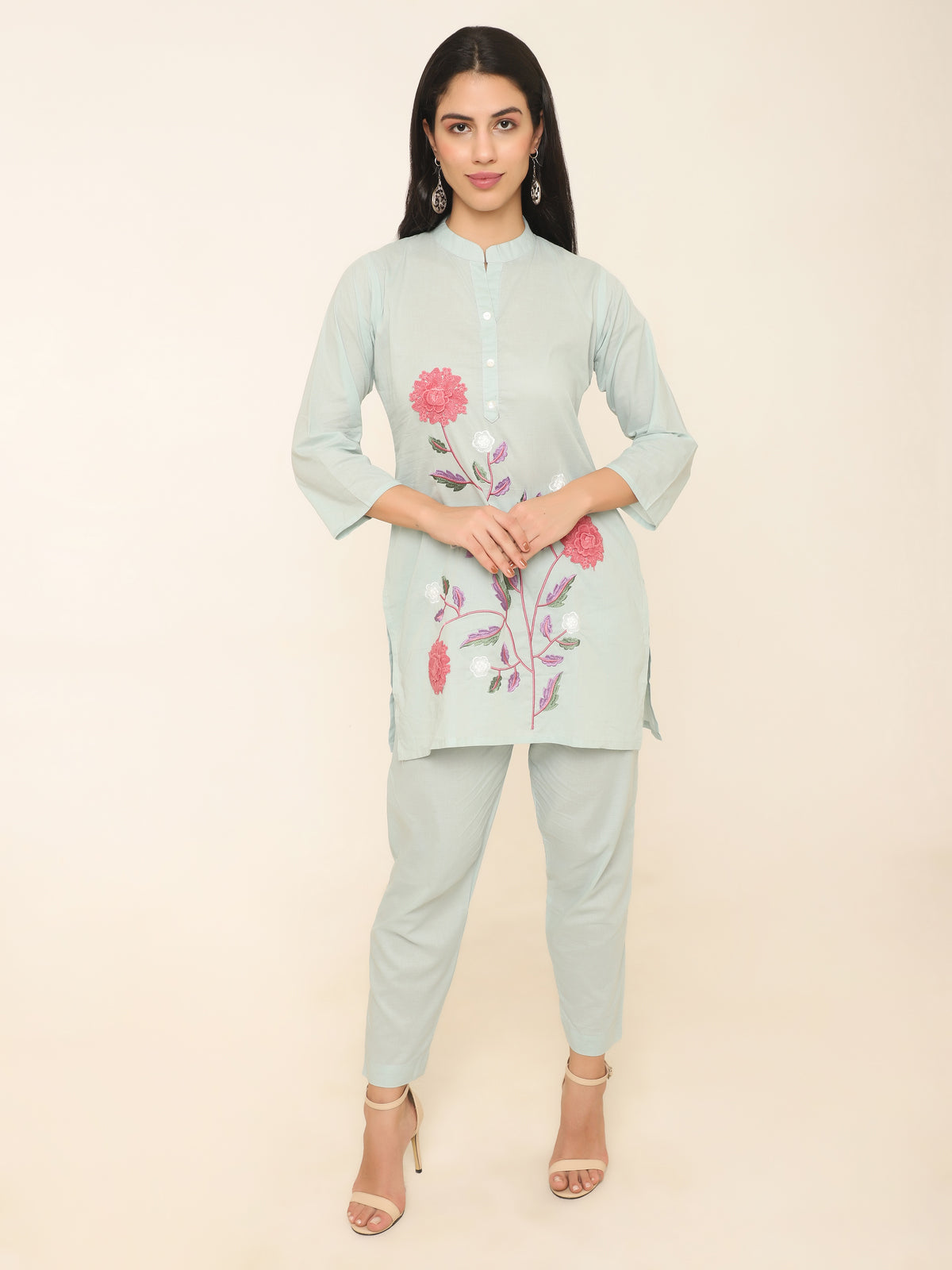 Mint Green Cotton Floral Co-ord Set with Applique & Embroidery