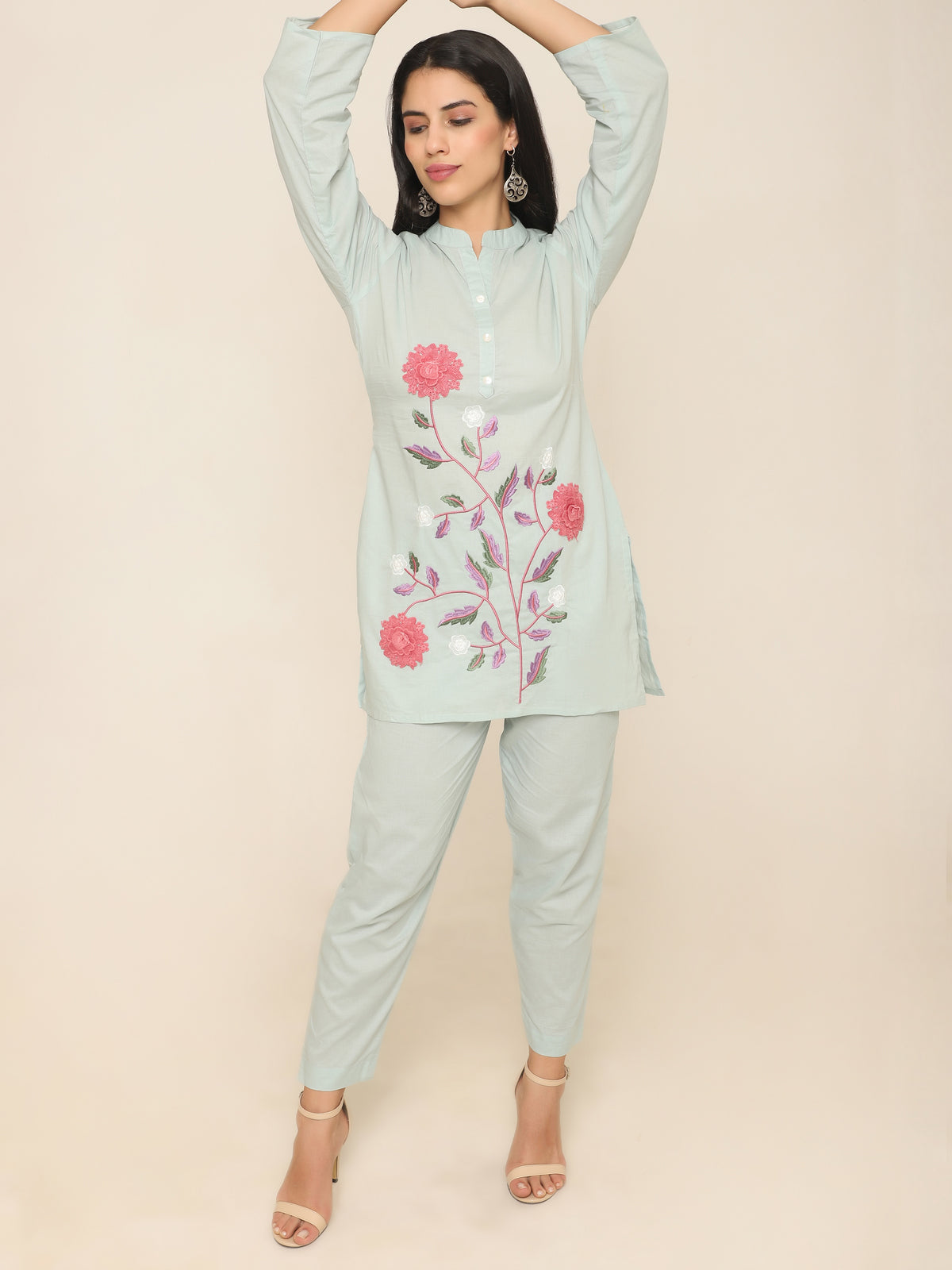 Mint Green Cotton Floral Co-ord Set with Applique & Embroidery