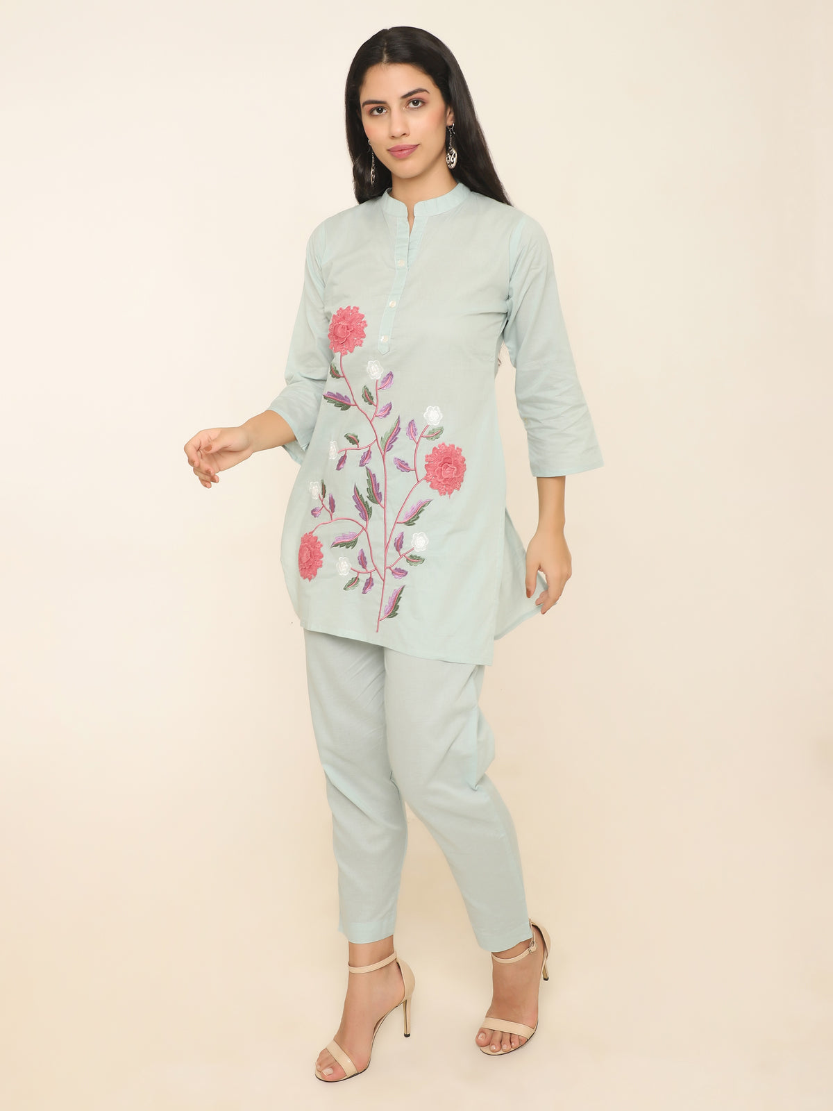 Mint Green Cotton Floral Co-ord Set with Applique & Embroidery