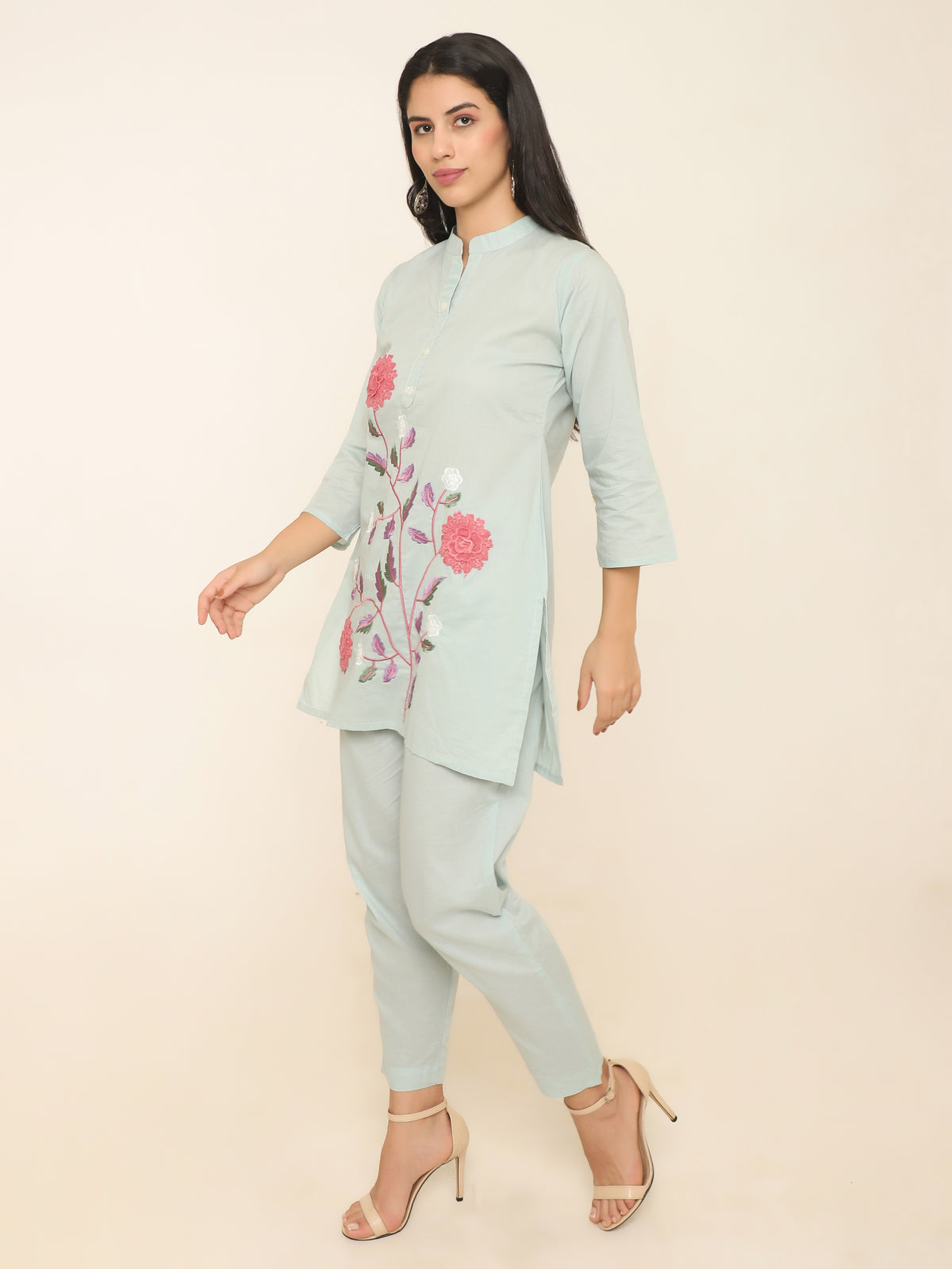 Elegant light green floral applique & embroiderd co-ord set