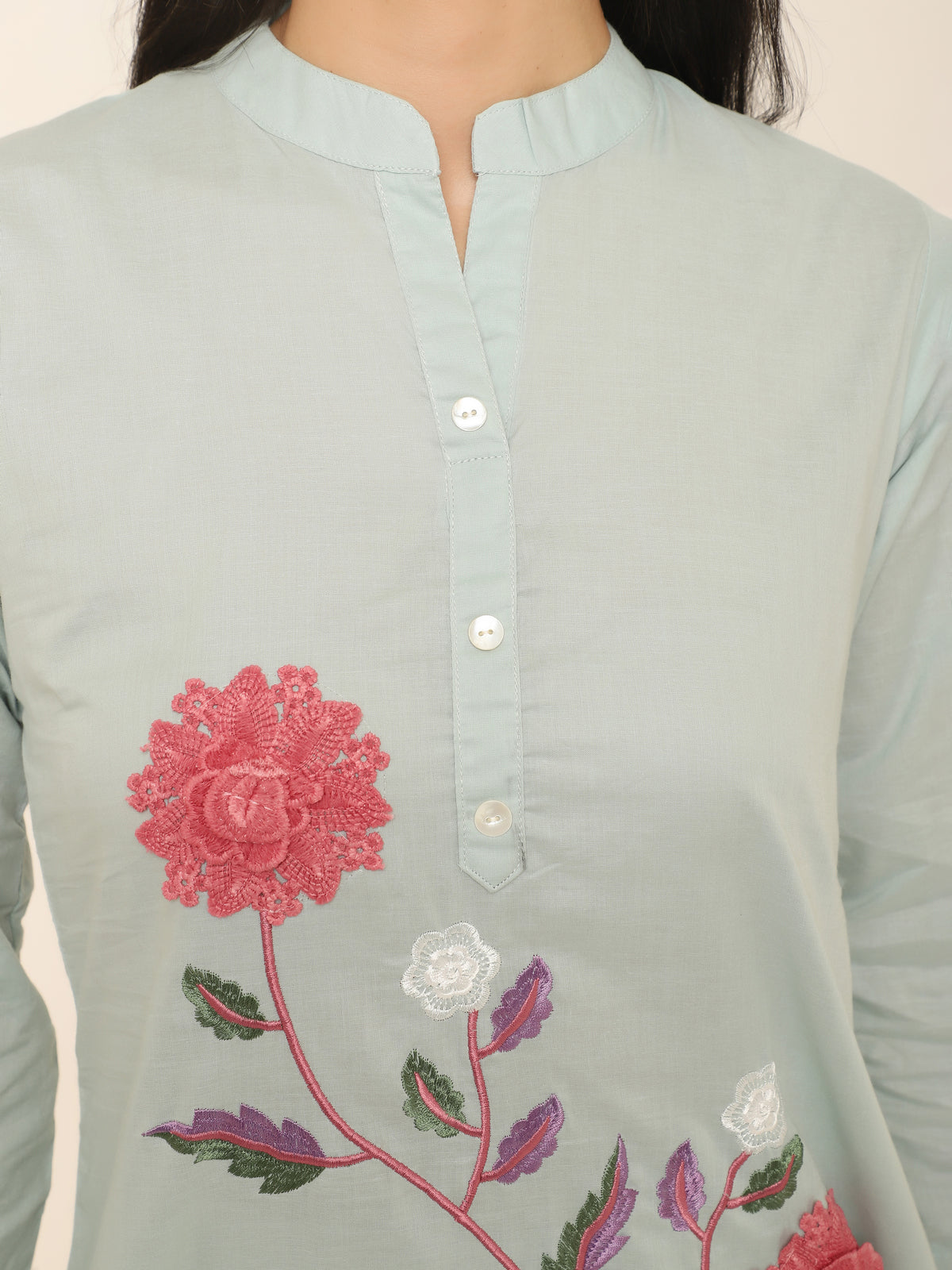 Mint Green Cotton Floral Co-ord Set with Applique & Embroidery