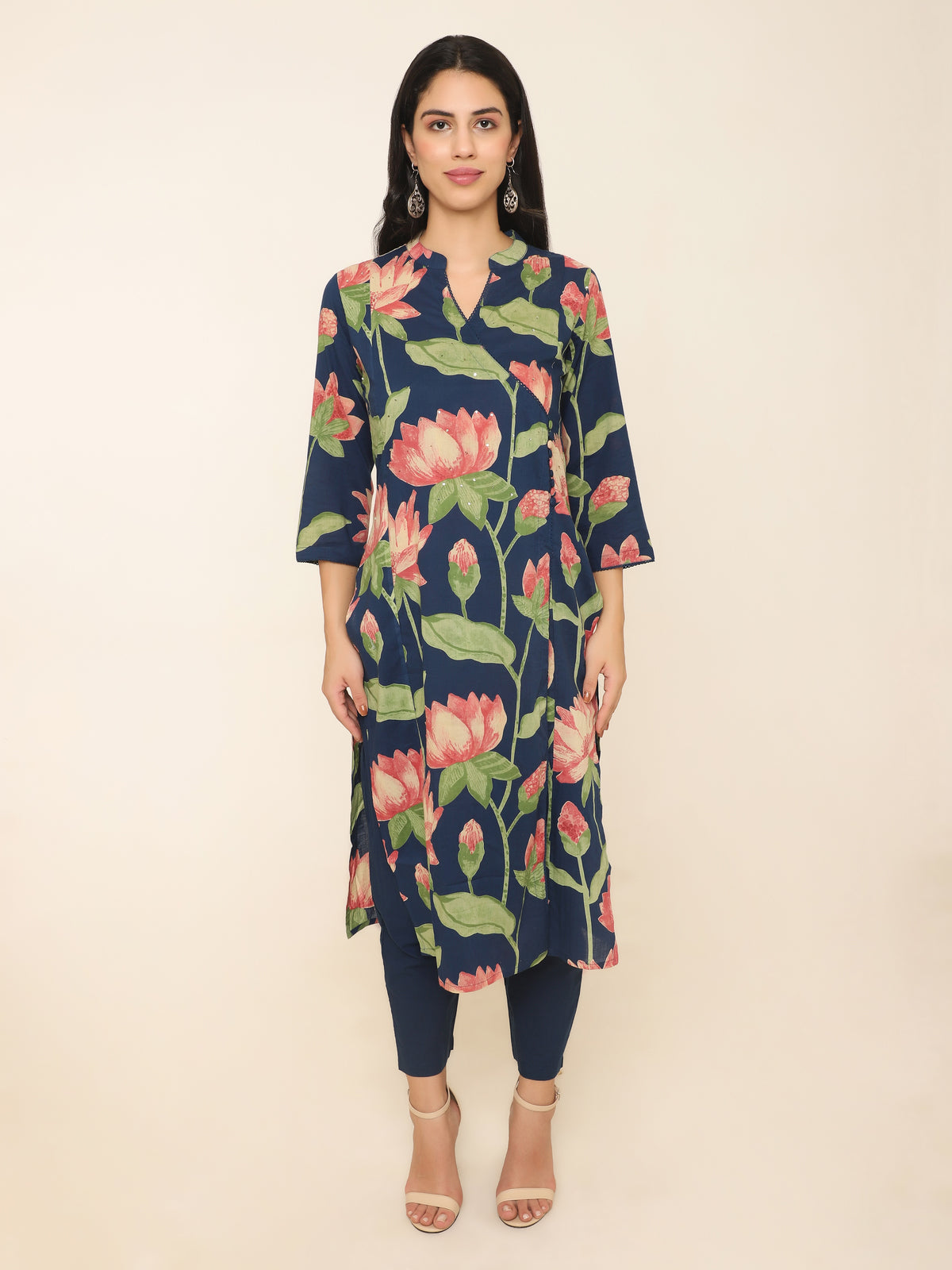 Pink Lotus Print Cotton Kurti Set with Sequins & Angrakha Design