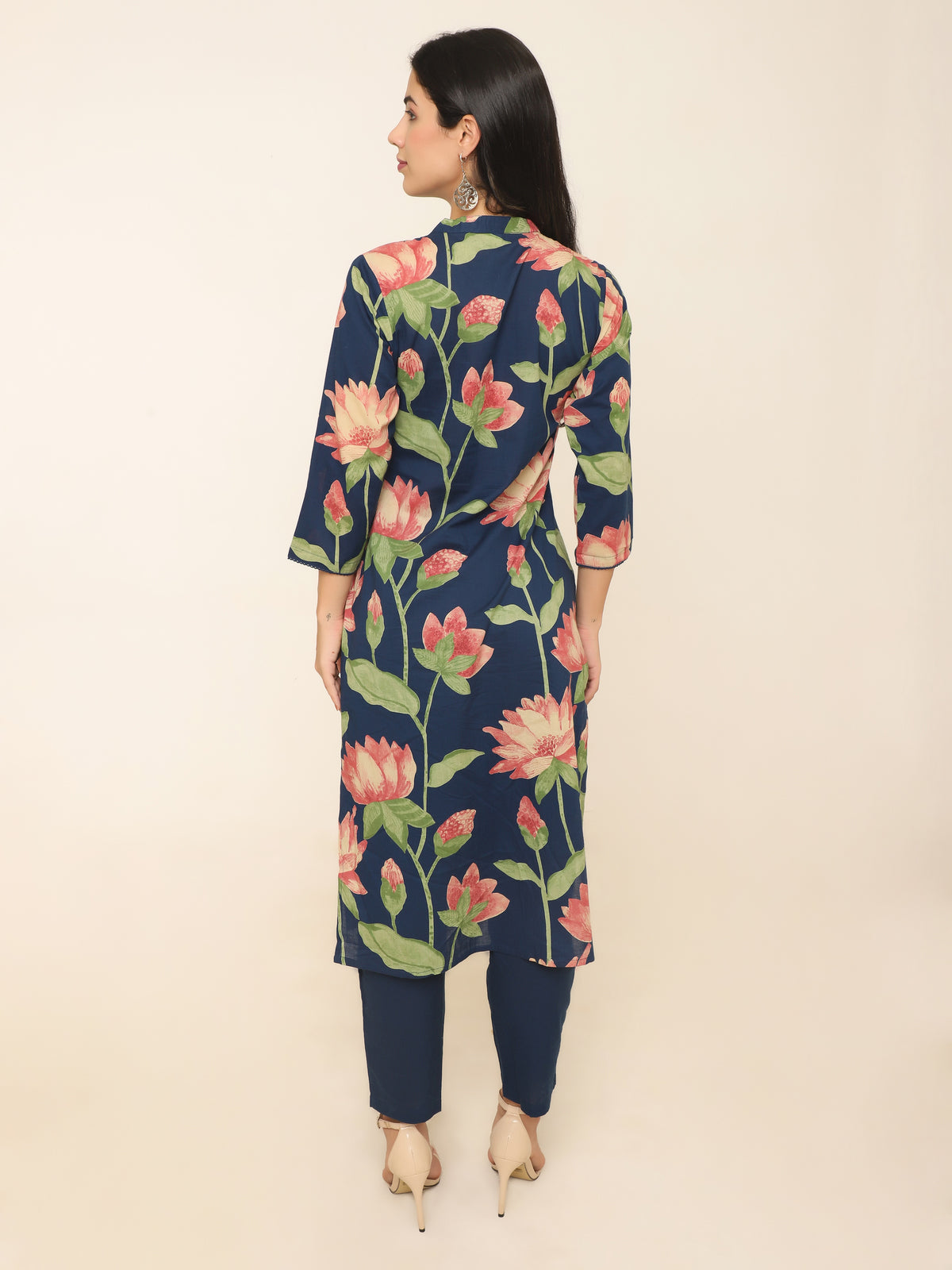 Pink Lotus Print Cotton Kurti Set with Sequins & Angrakha Design
