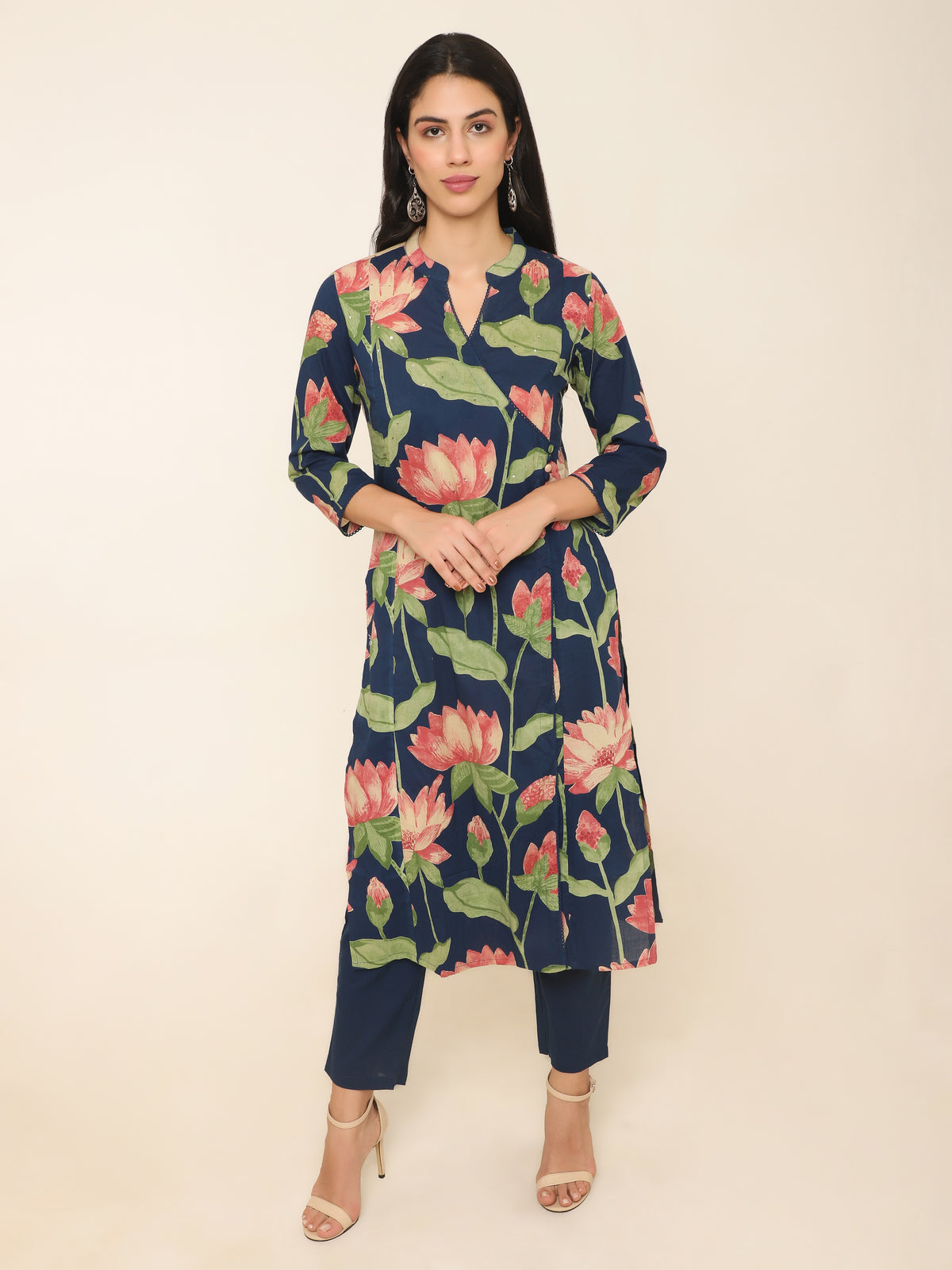 Pink Lotus Print Cotton Kurti Set with Sequins & Angrakha Design