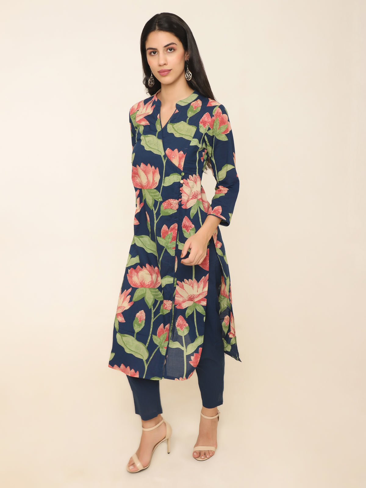 Pink Lotus Print Cotton Kurti Set with Sequins & Angrakha Design