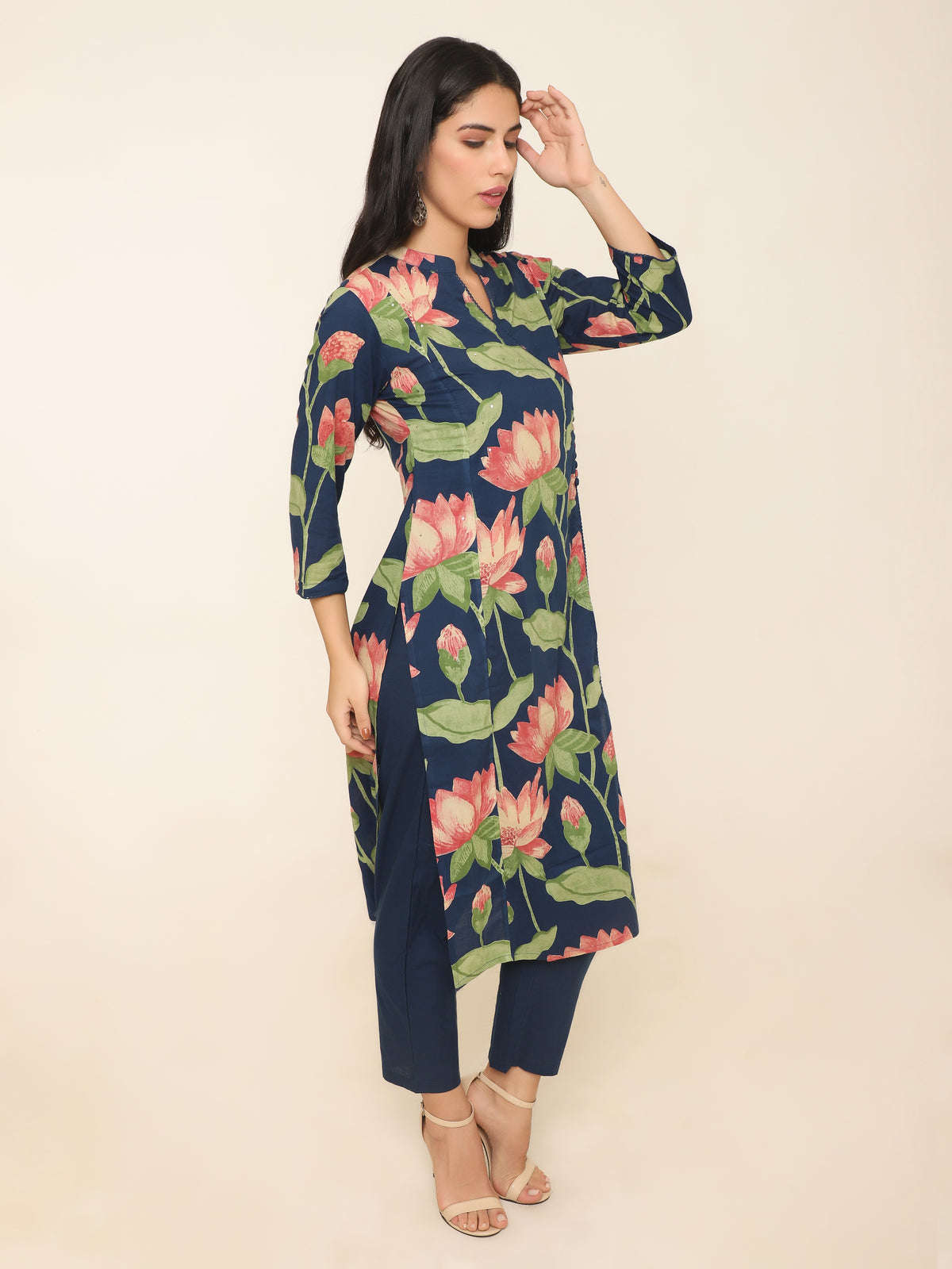 Pink Lotus Print Cotton Kurti Set with Sequins & Angrakha Design