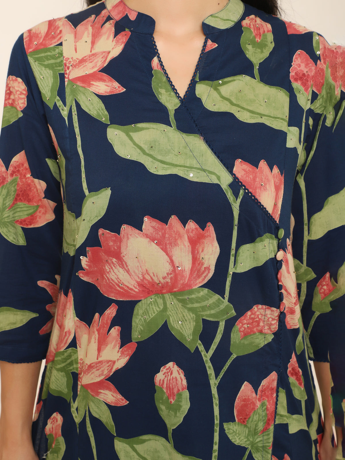 Pink Lotus Print Cotton Kurti Set with Sequins & Angrakha Design