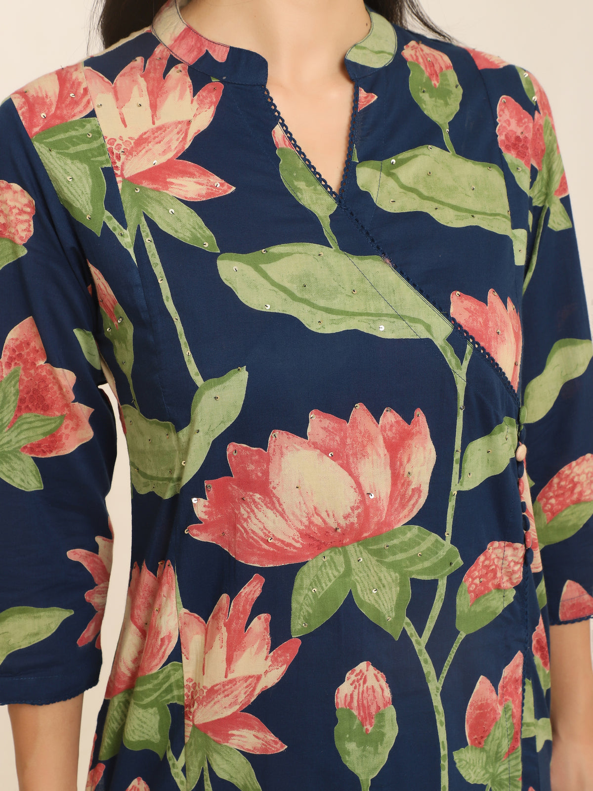 Pink Lotus Print Cotton Kurti Set with Sequins & Angrakha Design