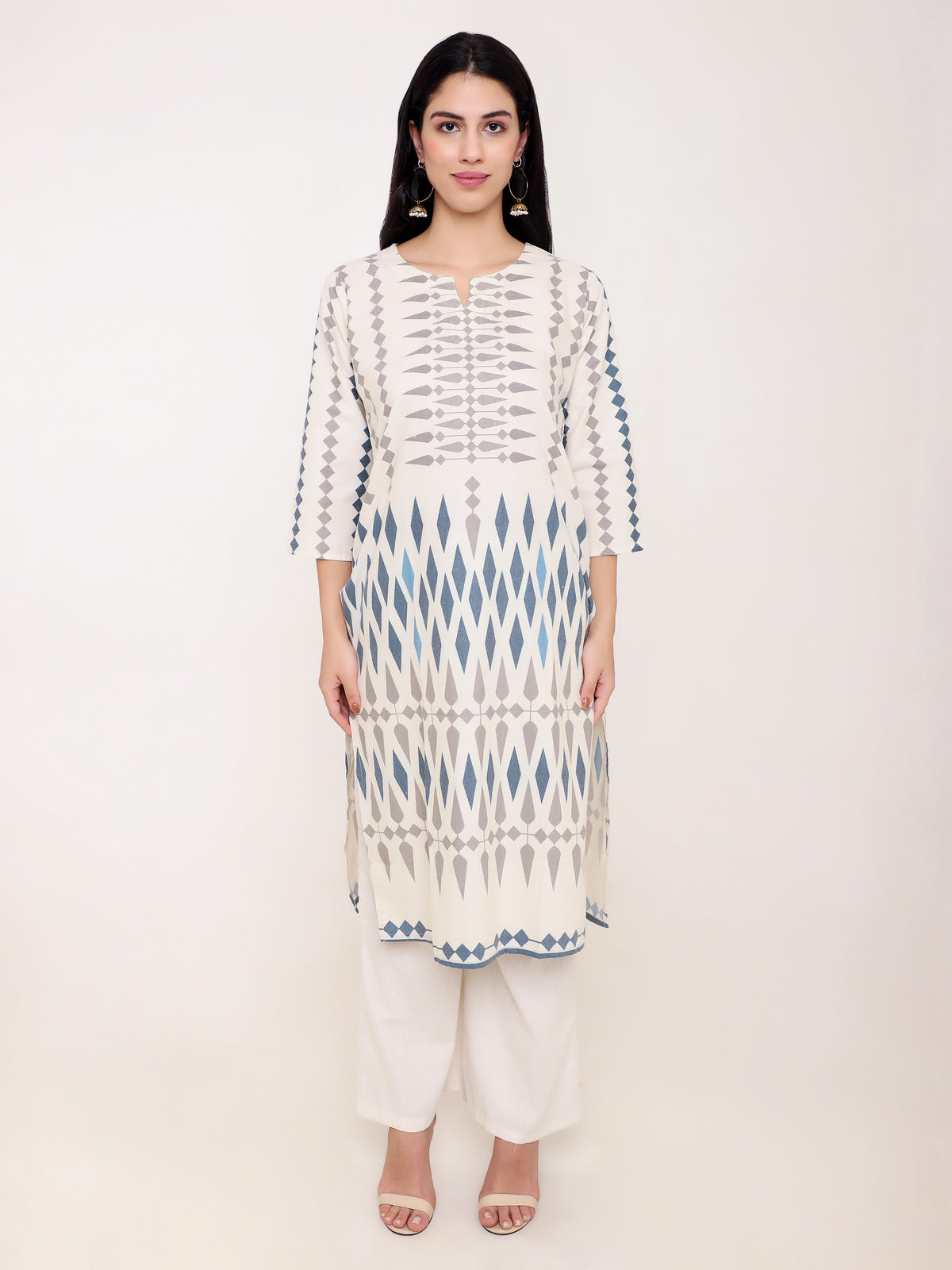 Cream Aztec Print Khadi Cotton Kurti Set with Palazzo Pants