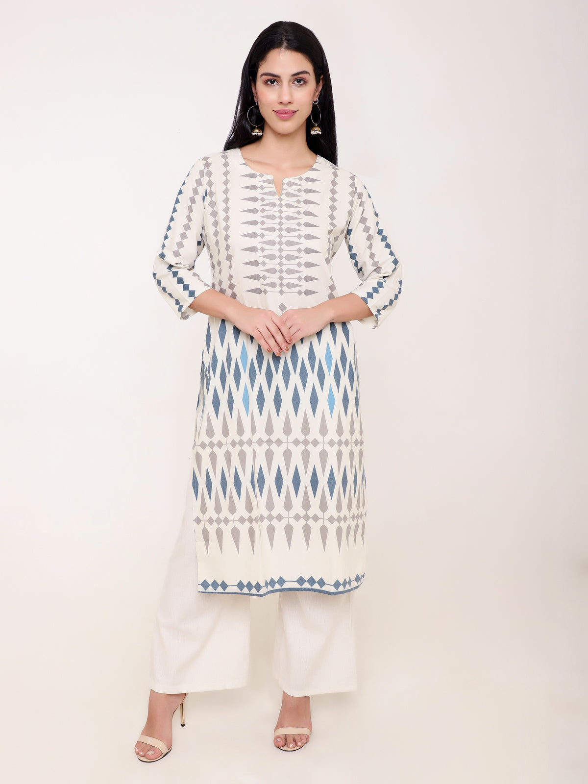 Cream Aztec Print Khadi Cotton Kurti Set with Palazzo Pants