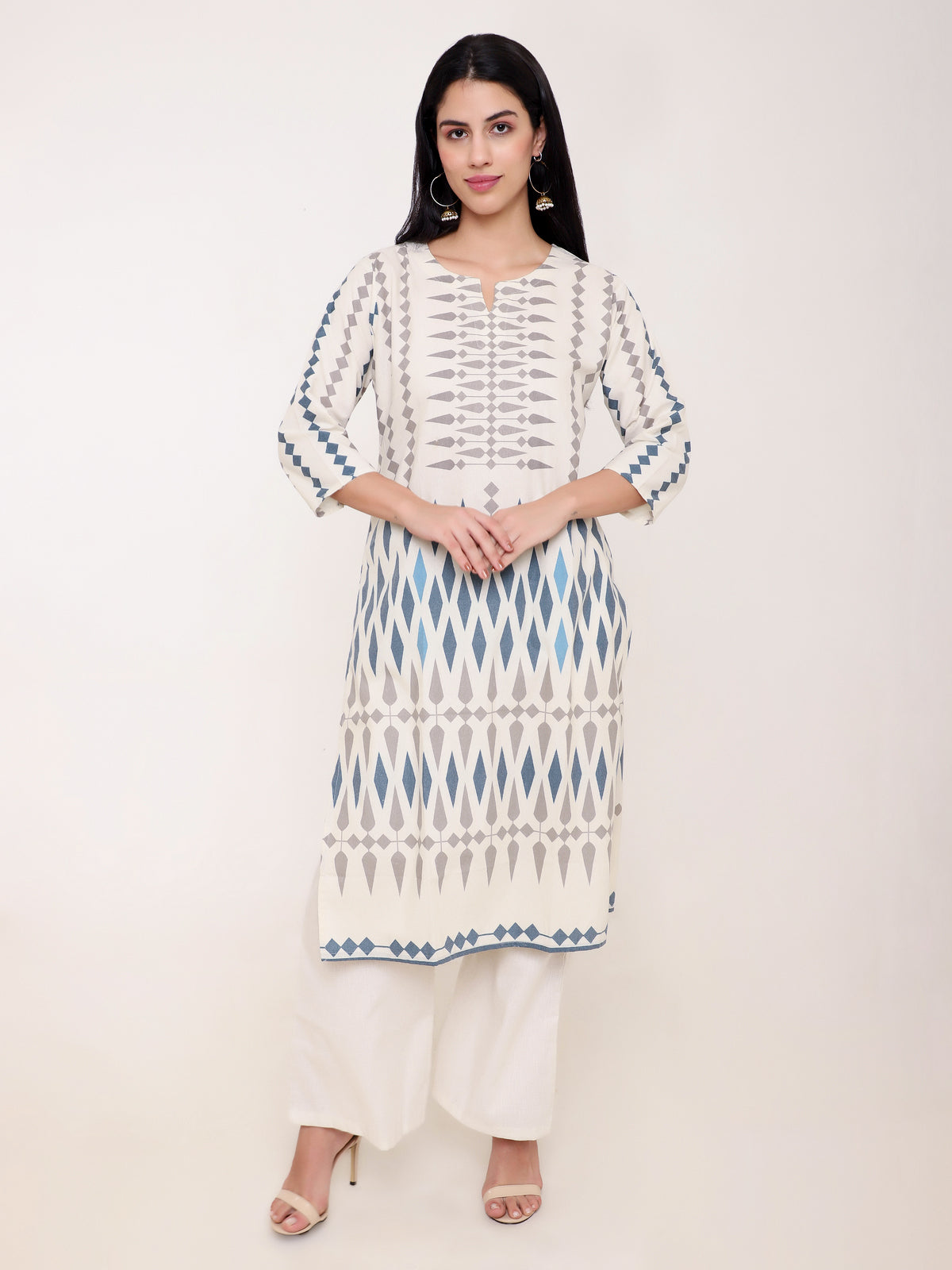 Cream Aztec Print Khadi Cotton Kurti Set with Palazzo Pants