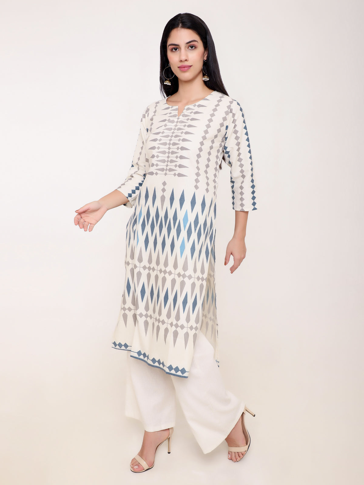 Cream Aztec Print Khadi Cotton Kurti Set with Palazzo Pants