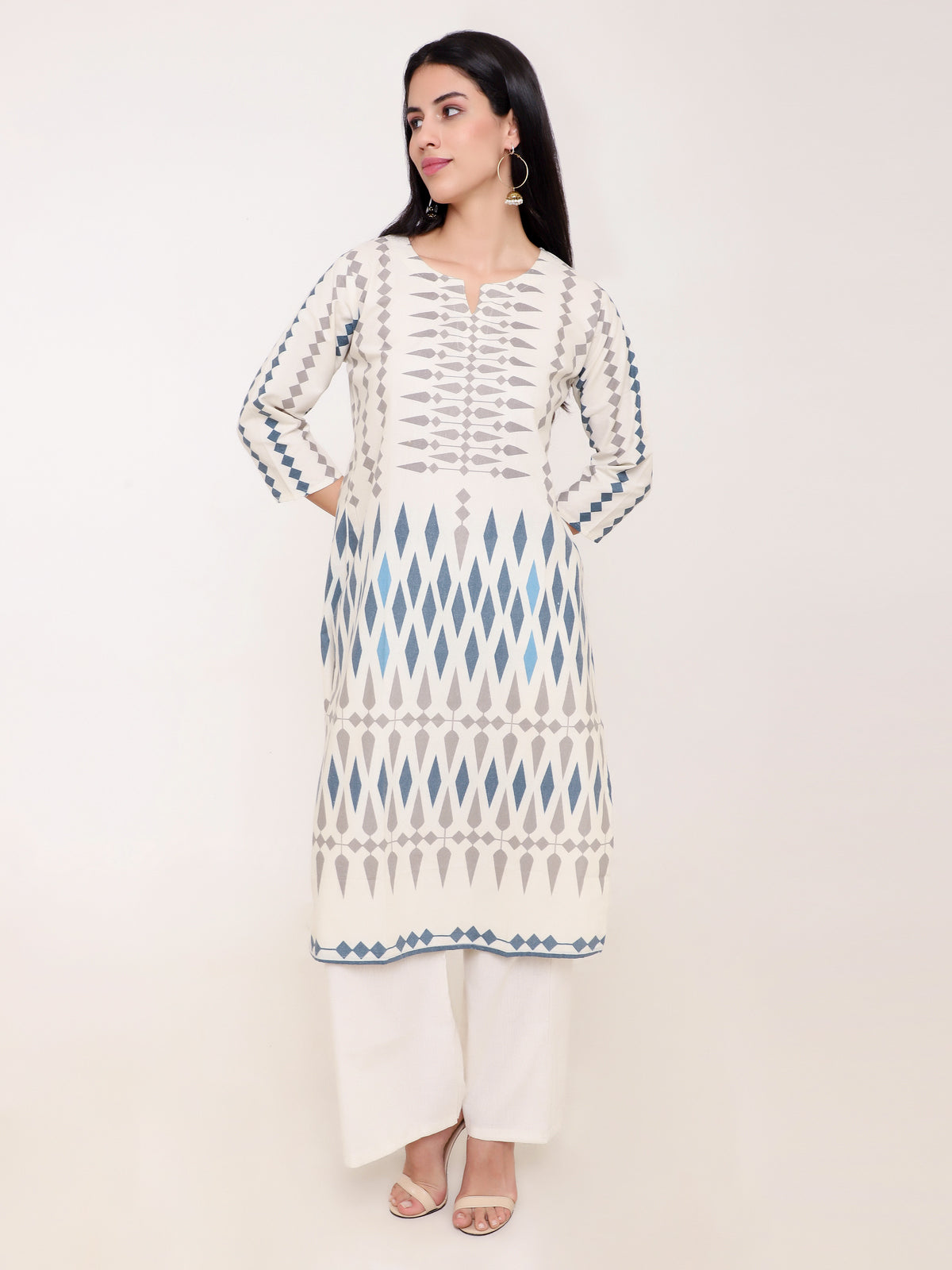 Cream Aztec Print Khadi Cotton Kurti Set with Palazzo Pants