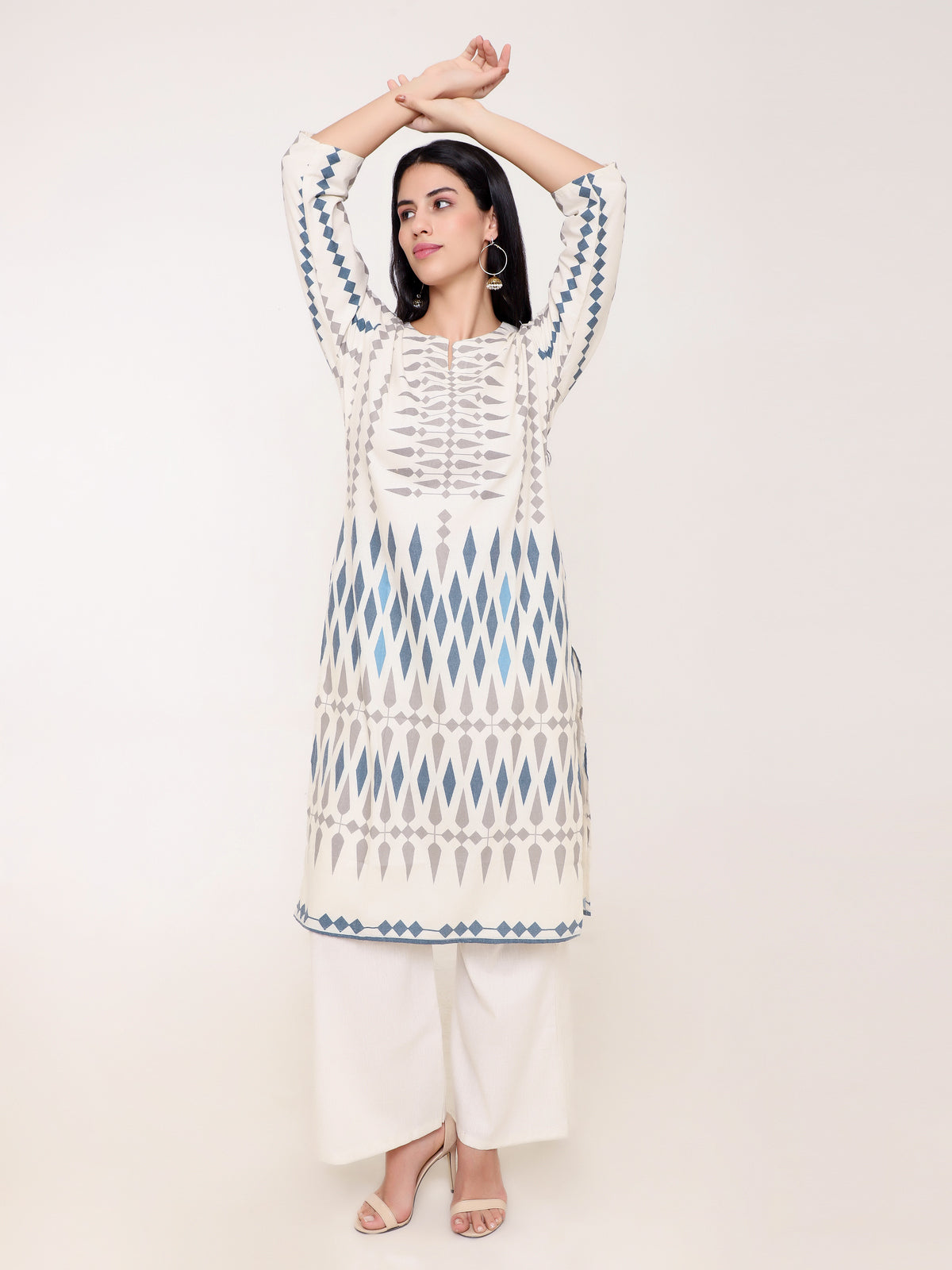 Cream Aztec Print Khadi Cotton Kurti Set with Palazzo Pants