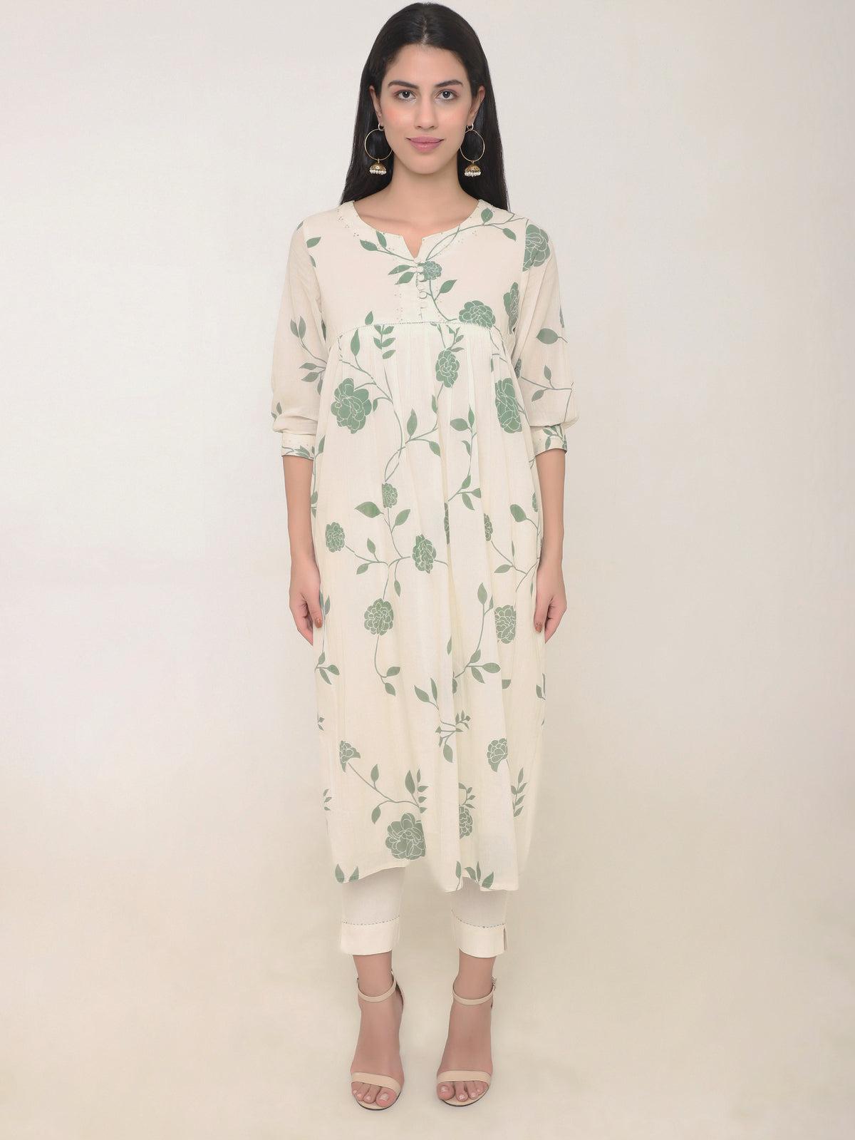 Cream Mulmul Anarkali Kurti Set with Sequins, Button Details & Floral Print