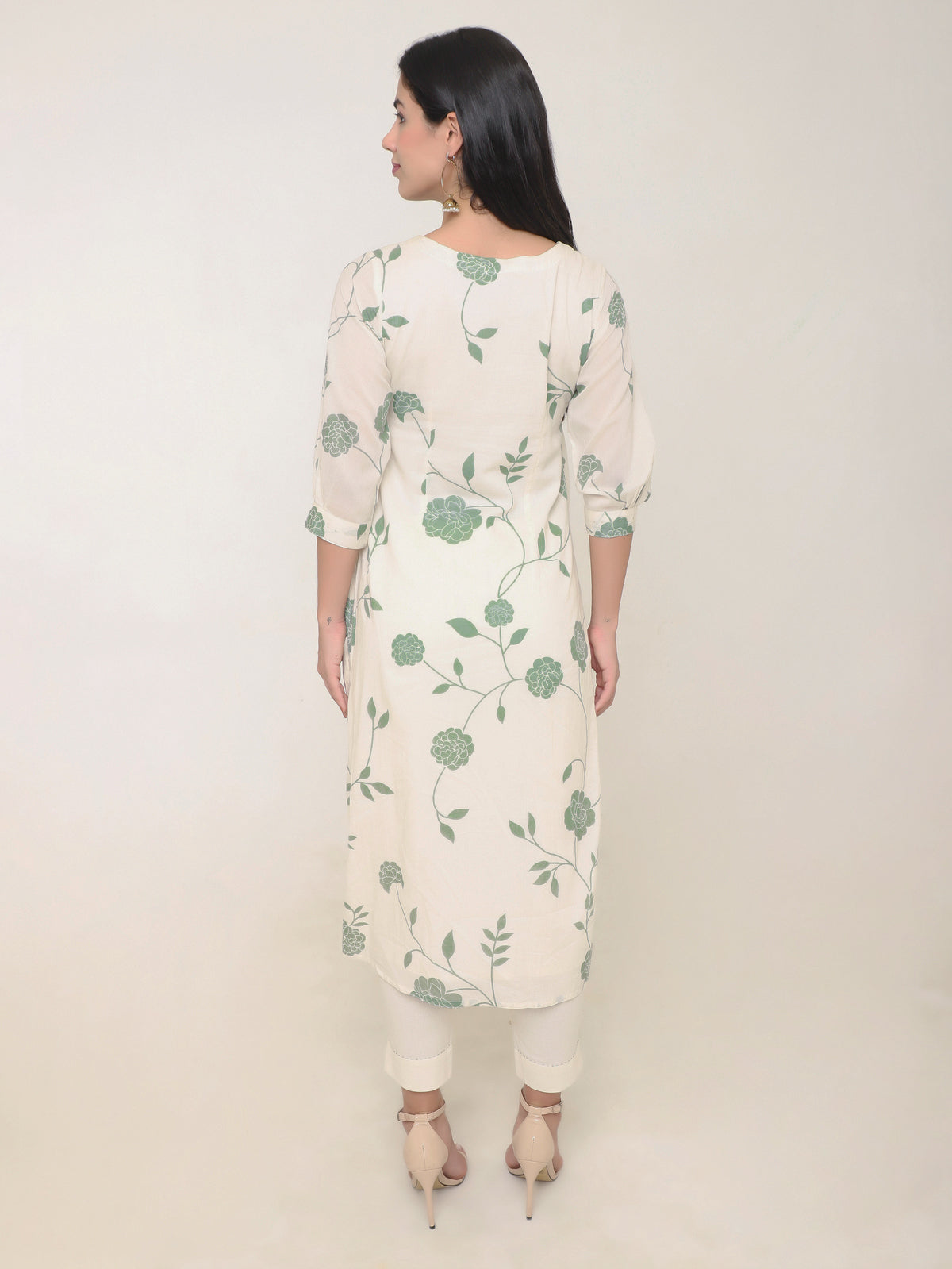 Cream Mulmul Anarkali Kurti Set with Sequins, Button Details & Floral Print