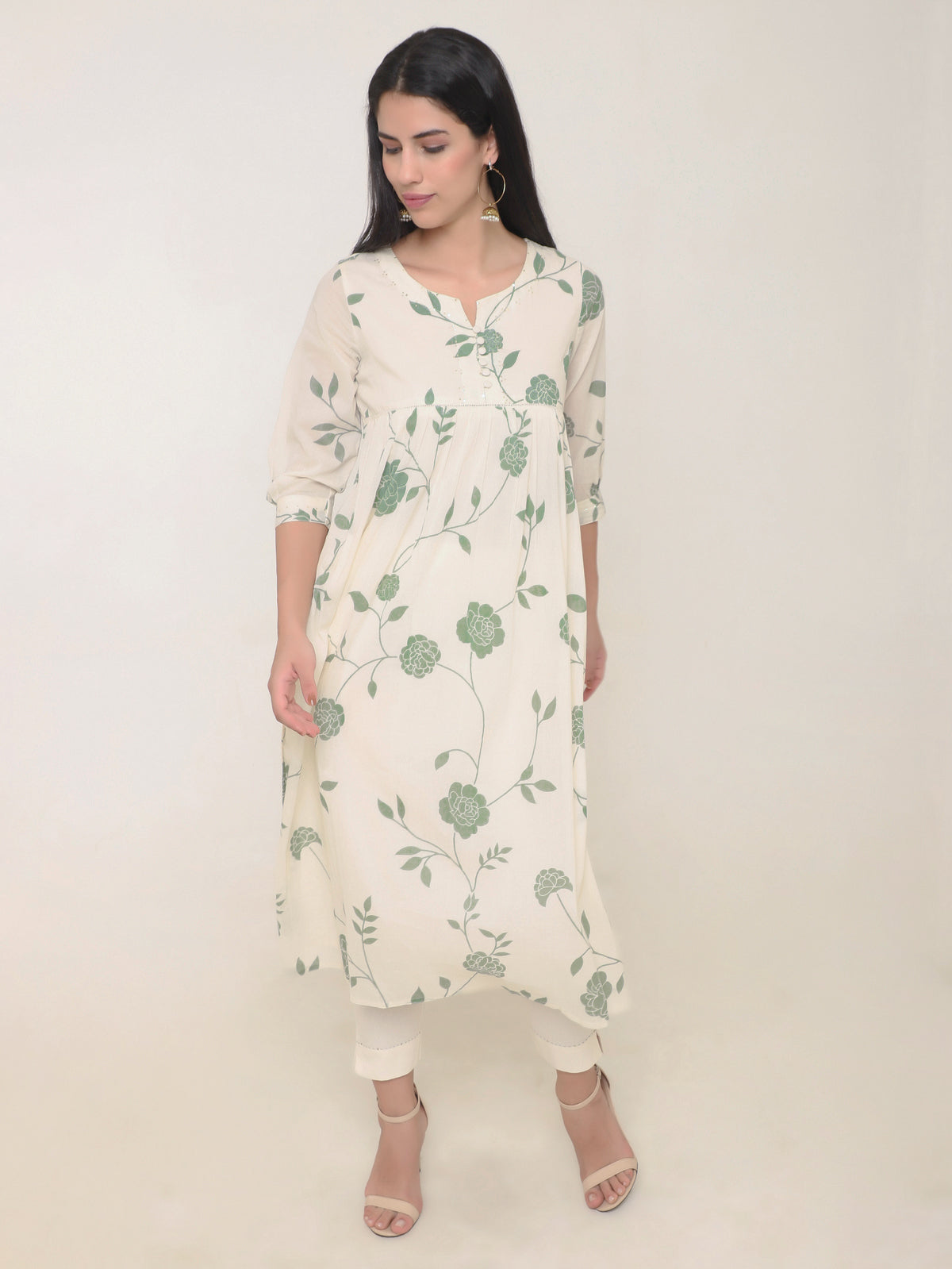 Cream Mulmul Anarkali Kurti Set with Sequins, Button Details & Floral Print