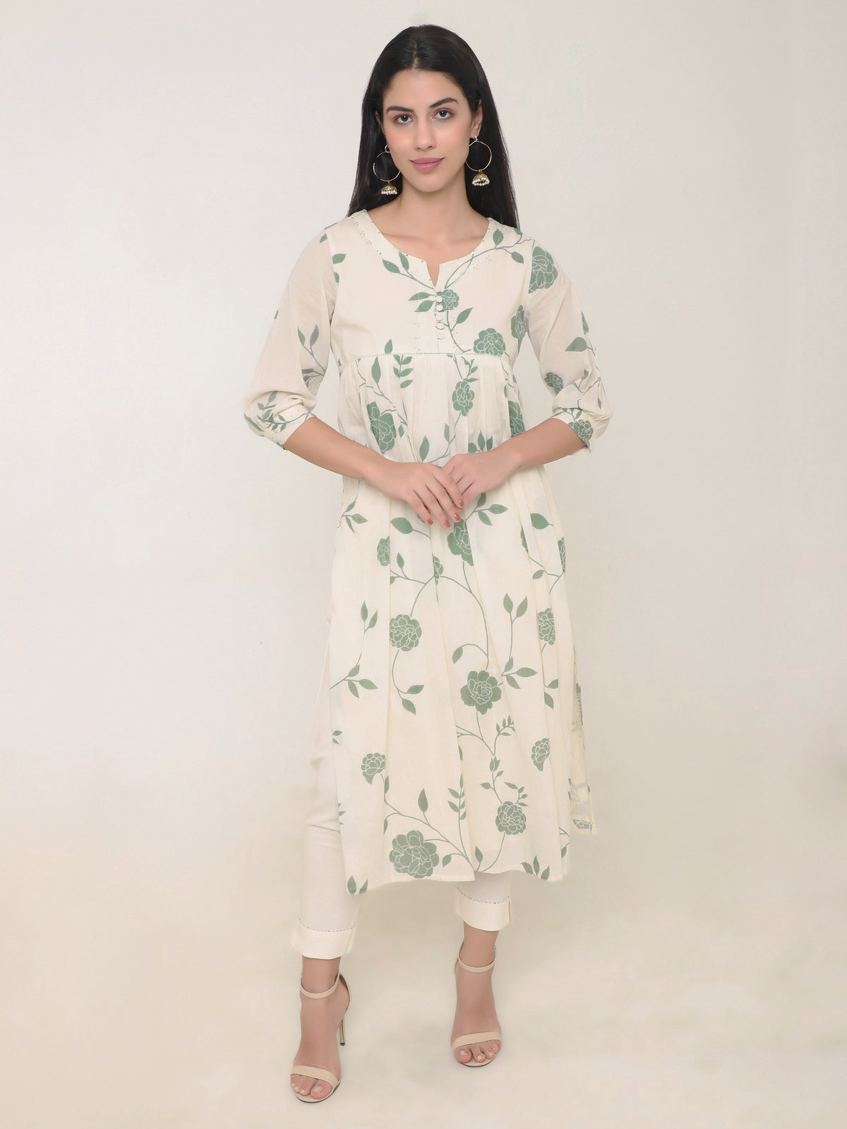 Cream Mulmul Anarkali Kurti Set with Sequins, Button Details & Floral Print