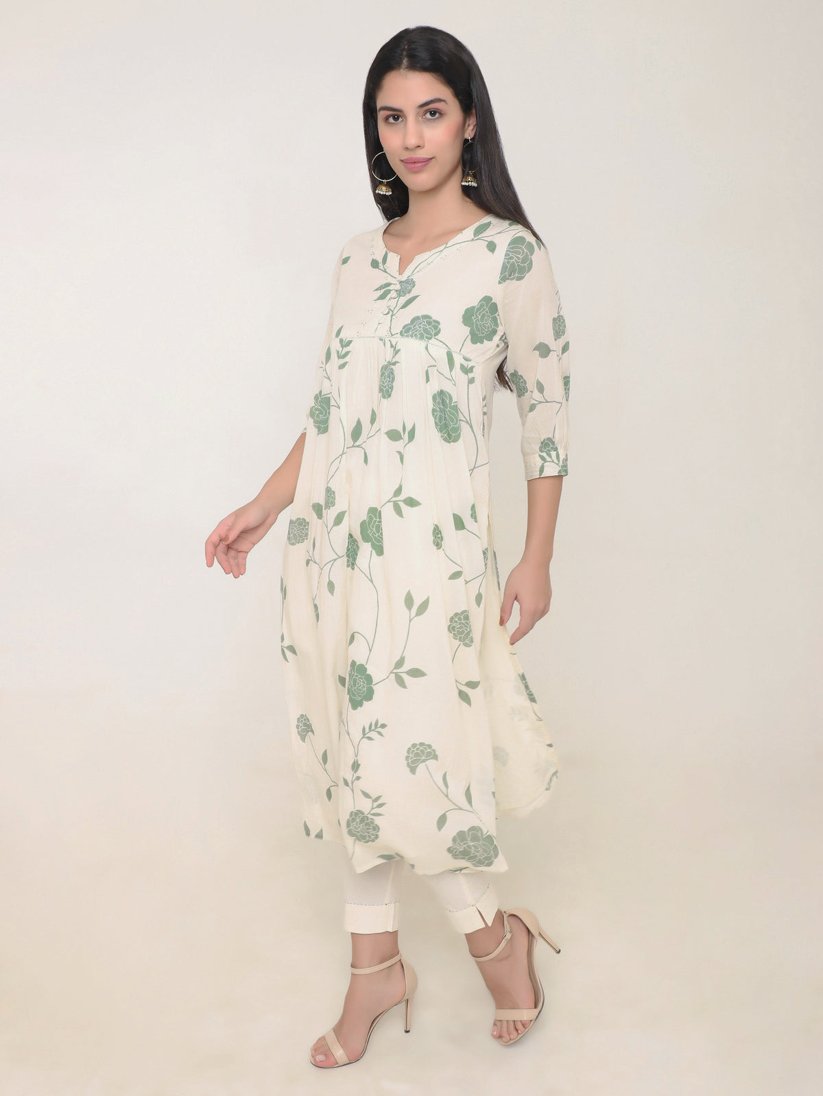 Cream Mulmul Anarkali Kurti Set with Sequins, Button Details & Floral Print