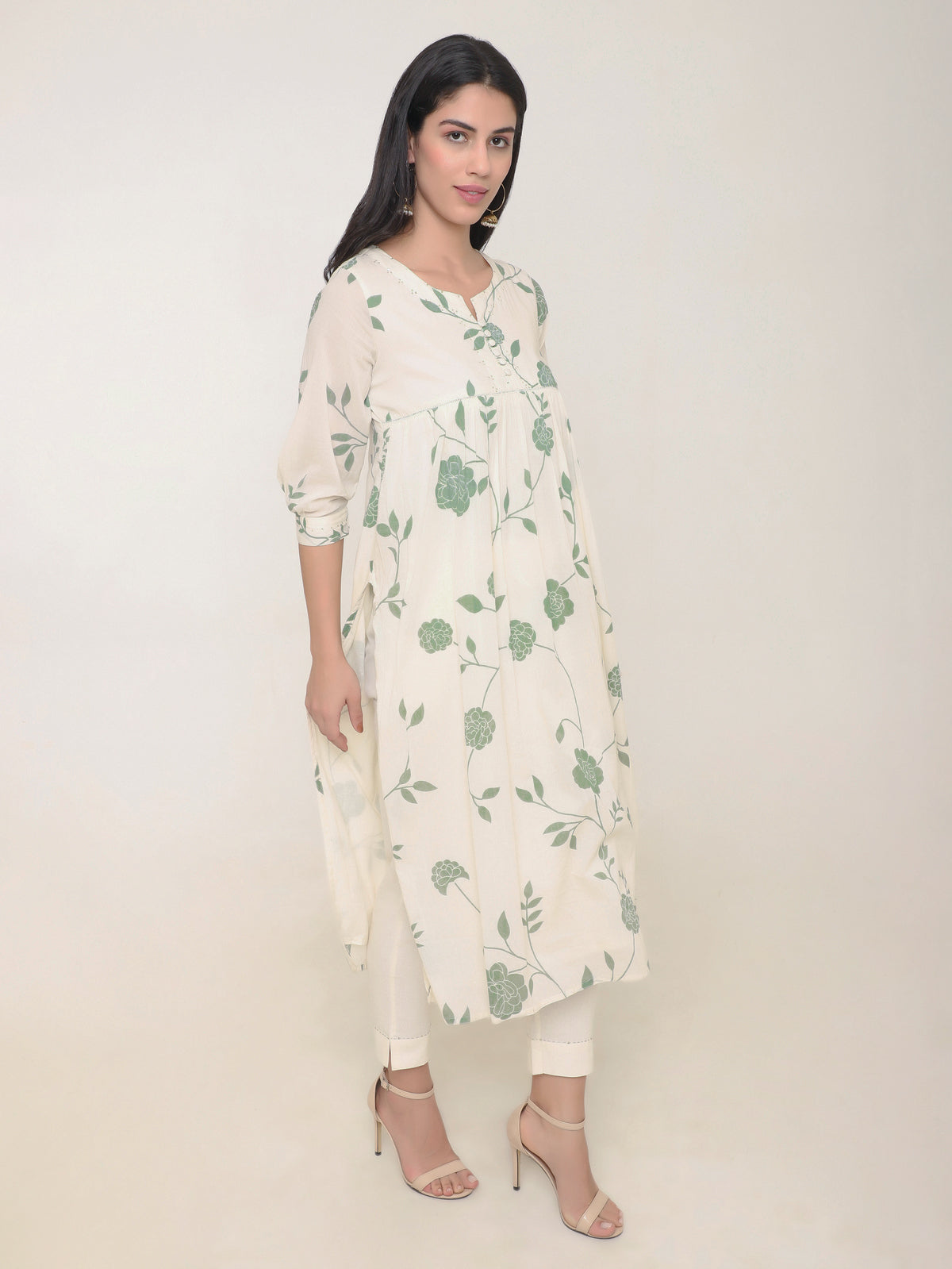Cream Mulmul Anarkali Kurti Set with Sequins, Button Details & Floral Print