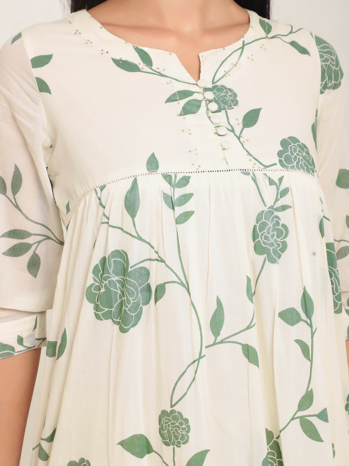 Cream Mulmul Anarkali Kurti Set with Sequins, Button Details & Floral Print