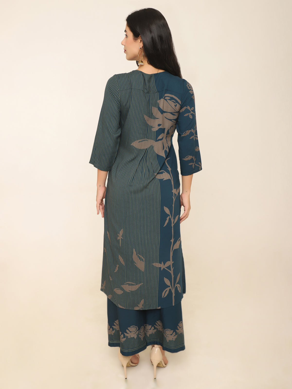 Teal Blue Kurti Set with Beige Stripe Floral Print & Embroidered Neckline